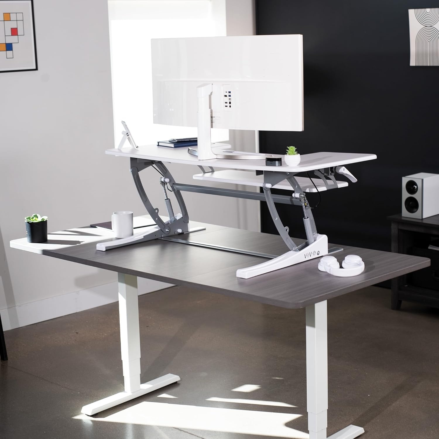 image:imageVIVO 32 inch Height Adjustable Stand Up Desk Converter V Series Quick Sit to Stand Tabletop Dual Monitor Riser Workstation Black DESKV000VSWhite