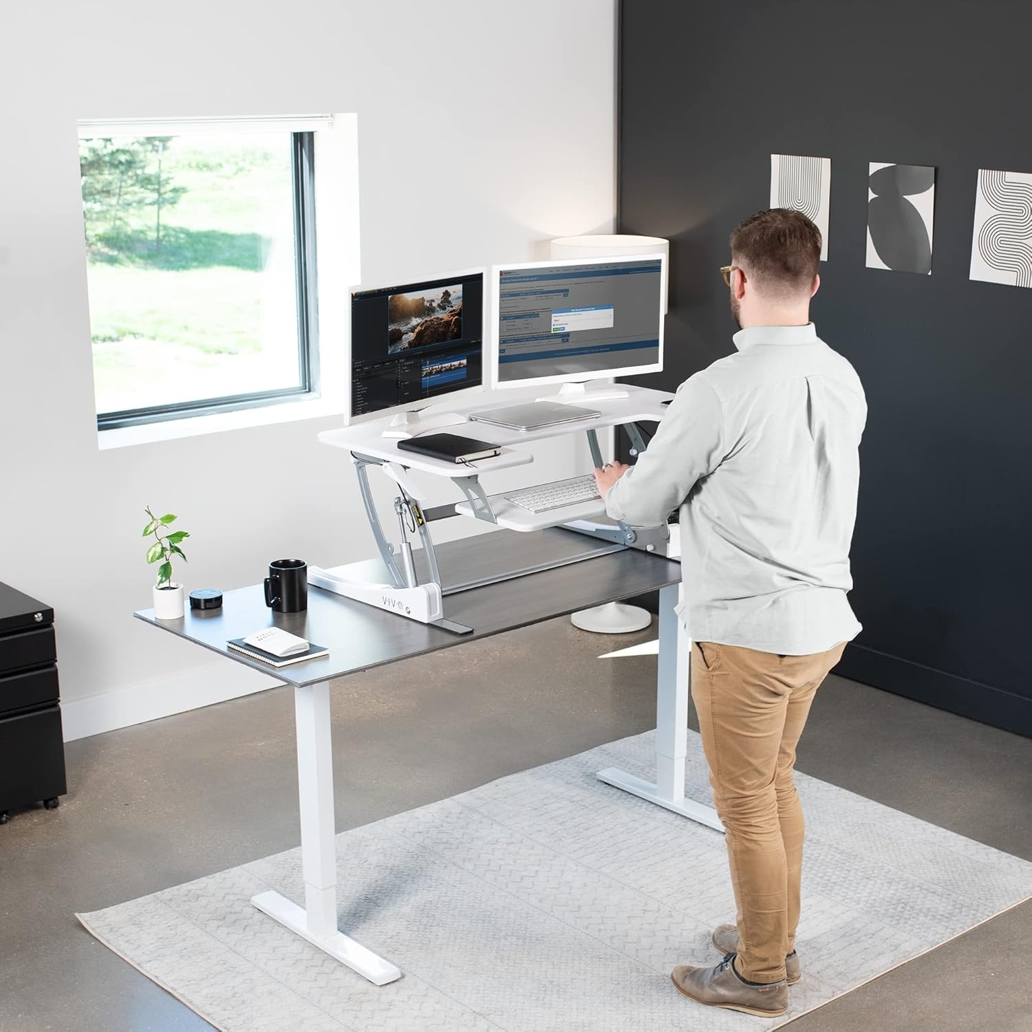 image:imageVIVO 32 inch Height Adjustable Stand Up Desk Converter V Series Quick Sit to Stand Tabletop Dual Monitor Riser Workstation Black DESKV000VSWhite