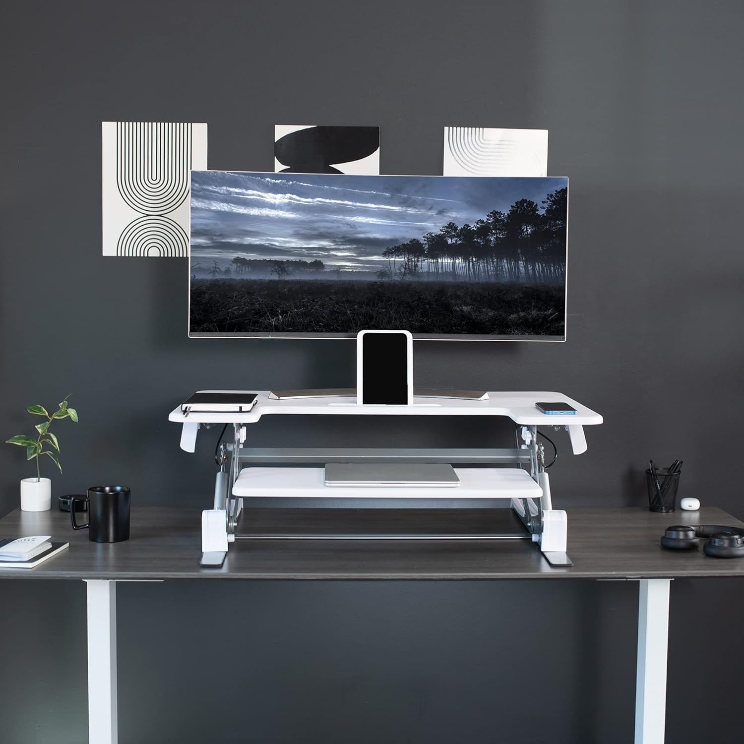 image:imageVIVO 32 inch Height Adjustable Stand Up Desk Converter V Series Quick Sit to Stand Tabletop Dual Monitor Riser Workstation Black DESKV000VSWhite