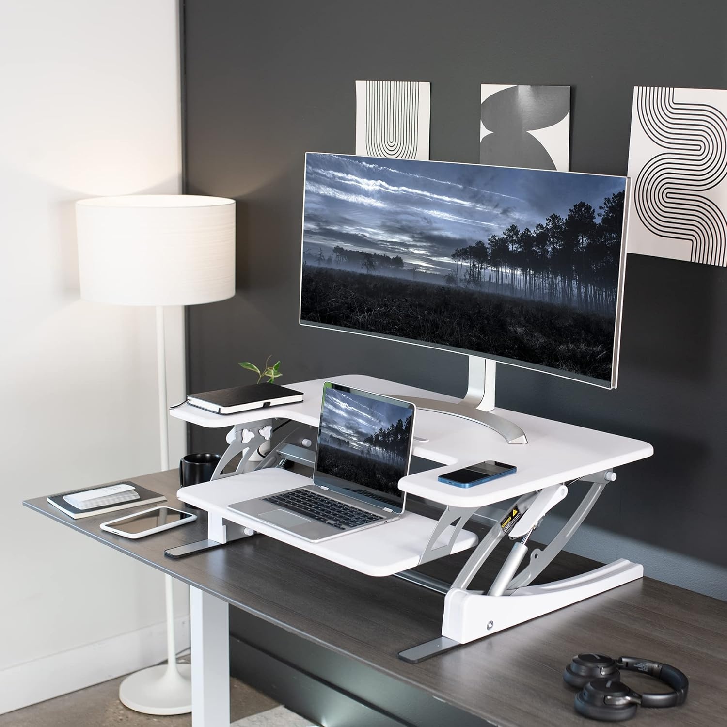 image:imageVIVO 32 inch Height Adjustable Stand Up Desk Converter V Series Quick Sit to Stand Tabletop Dual Monitor Riser Workstation Black DESKV000VSWhite