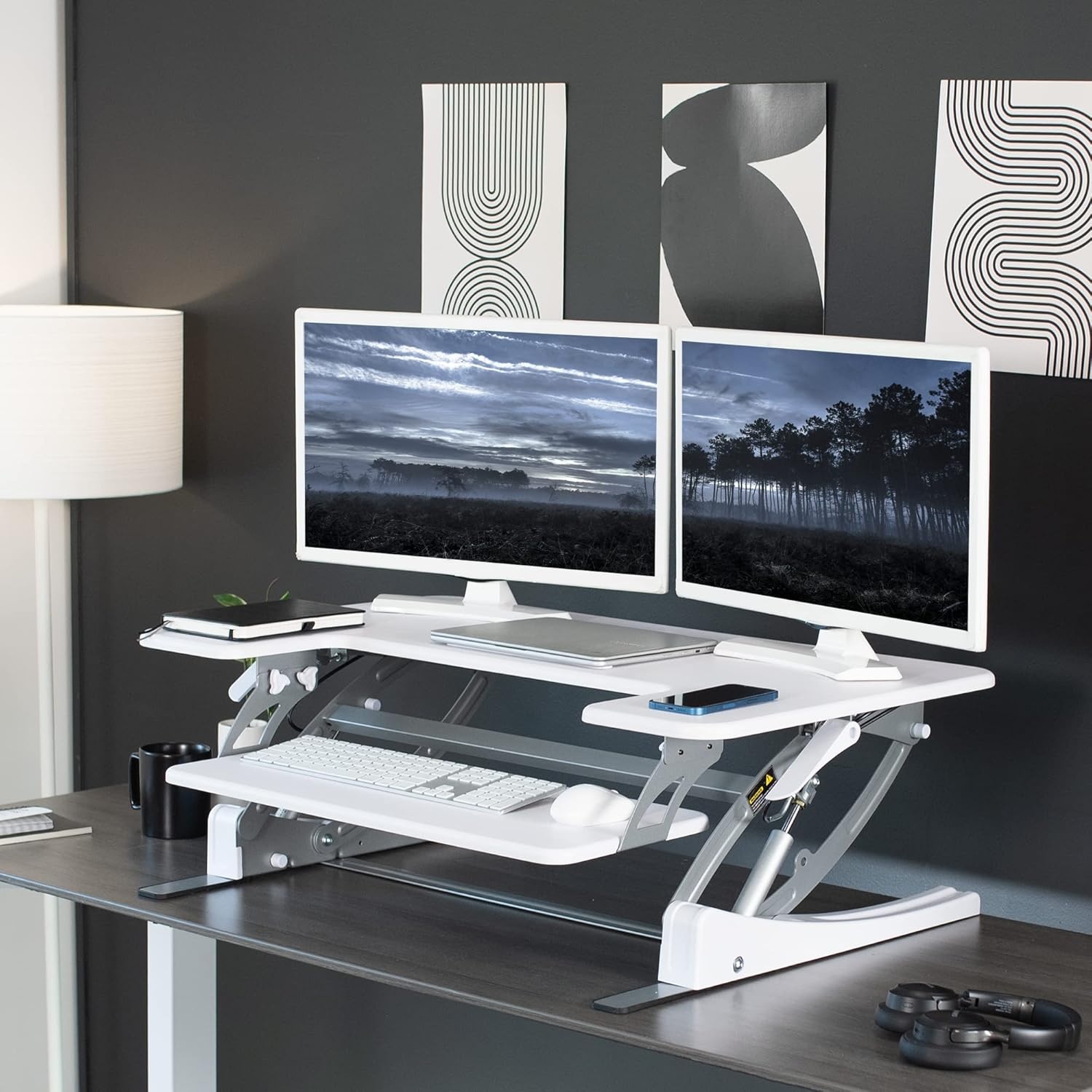image:imageVIVO 32 inch Height Adjustable Stand Up Desk Converter V Series Quick Sit to Stand Tabletop Dual Monitor Riser Workstation Black DESKV000VSWhite