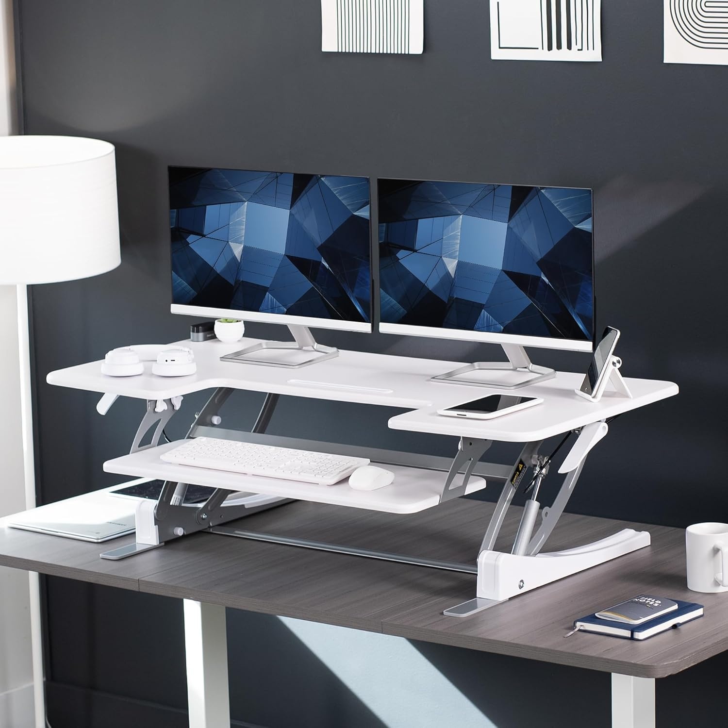 image:imageVIVO 32 inch Height Adjustable Stand Up Desk Converter V Series Quick Sit to Stand Tabletop Dual Monitor Riser Workstation Black DESKV000VSWhite
