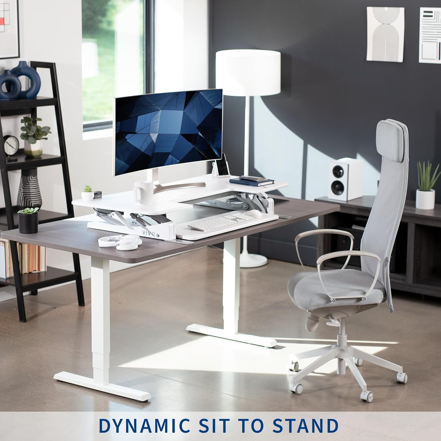 image:imageVIVO 32 inch Height Adjustable Stand Up Desk Converter V Series Quick Sit to Stand Tabletop Dual Monitor Riser Workstation Black DESKV000VSWhite