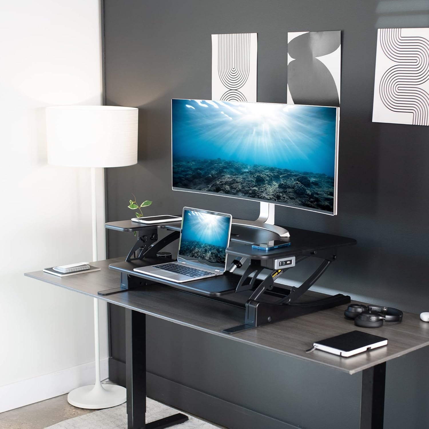 image:imageVIVO 36 inch Electric Height Adjustable Stand Up Desk Converter VE Series Sit to Stand Tabletop Dual Monitor Riser with USB Port Black DESKV000VEBlack