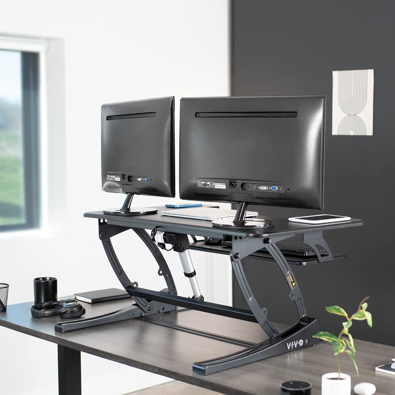 image:imageVIVO 36 inch Electric Height Adjustable Stand Up Desk Converter VE Series Sit to Stand Tabletop Dual Monitor Riser with USB Port Black DESKV000VEBlack