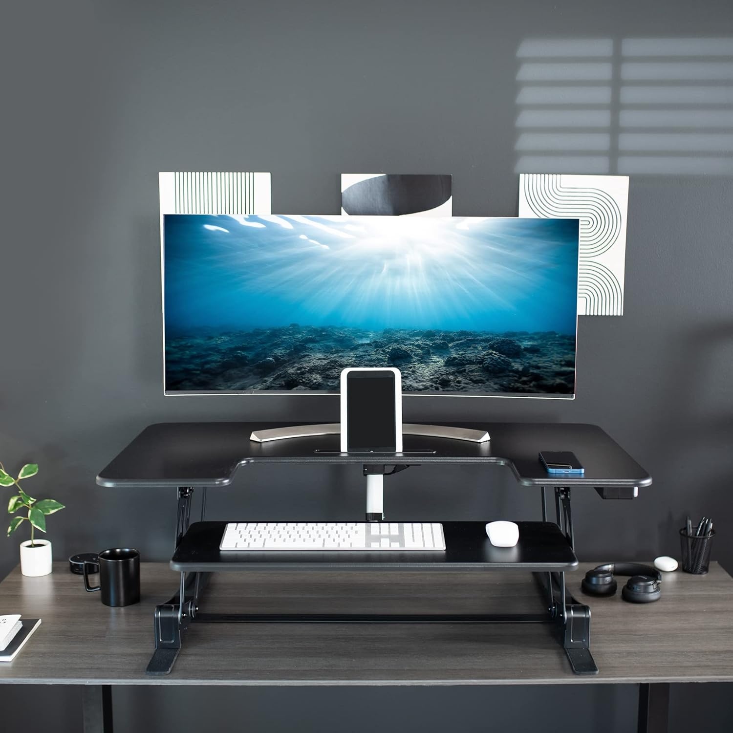 image:imageVIVO 36 inch Electric Height Adjustable Stand Up Desk Converter VE Series Sit to Stand Tabletop Dual Monitor Riser with USB Port Black DESKV000VEBlack