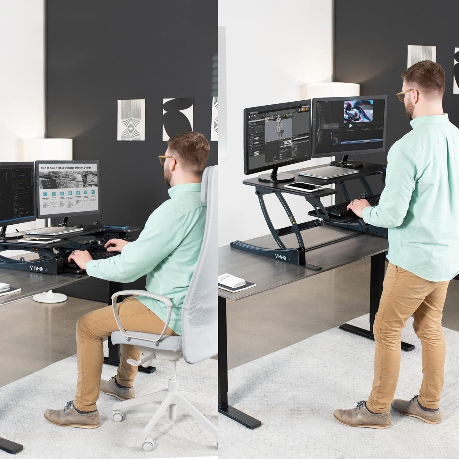 image:imageVIVO 36 inch Electric Height Adjustable Stand Up Desk Converter VE Series Sit to Stand Tabletop Dual Monitor Riser with USB Port Black DESKV000VEBlack