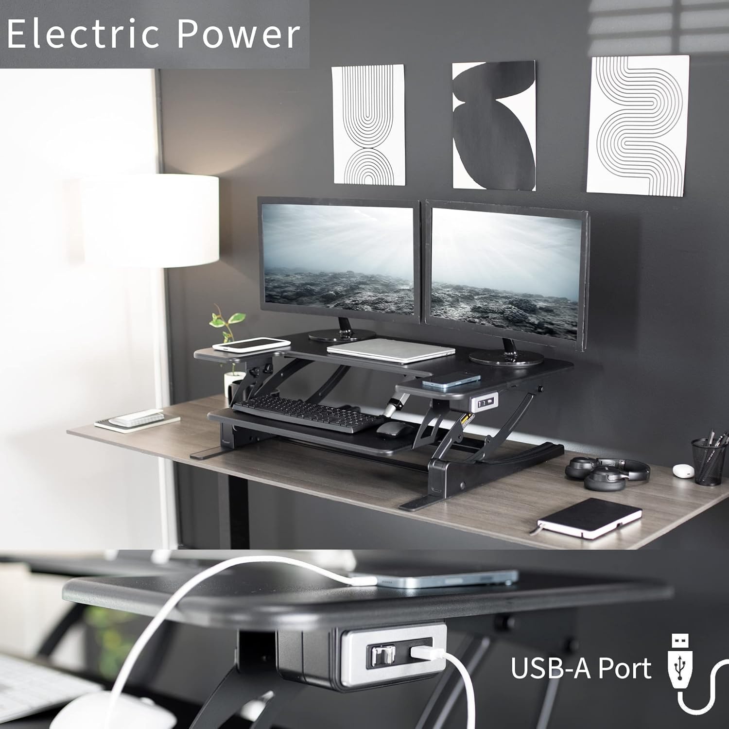 image:imageVIVO 36 inch Electric Height Adjustable Stand Up Desk Converter VE Series Sit to Stand Tabletop Dual Monitor Riser with USB Port Black DESKV000VEBlack
