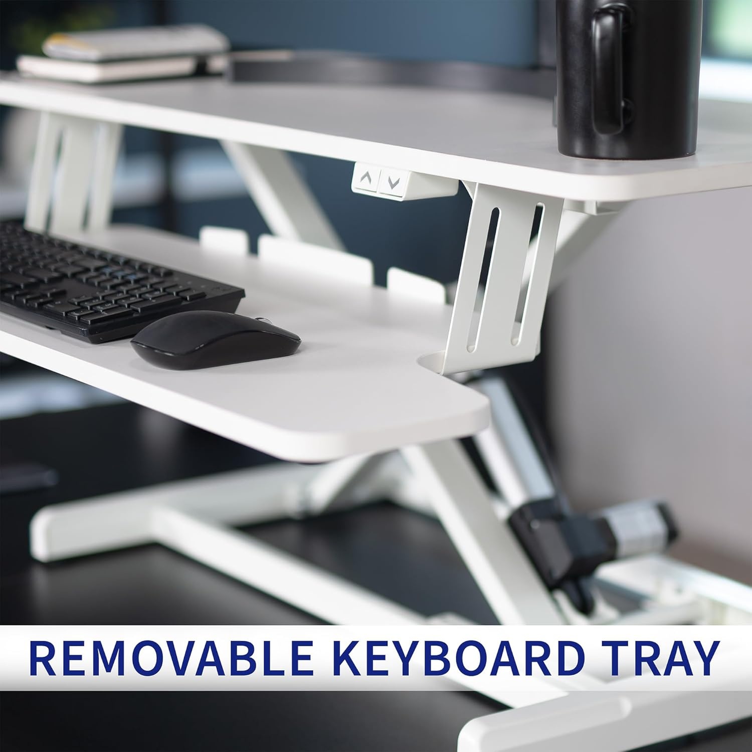 image:imageVIVO 36 inch Electric Motor Desk Converter Height Adjustable Riser Sit to Stand Dual Monitor and Laptop Workstation with Wide Keyboard Tray Black DESKVE36BWhite