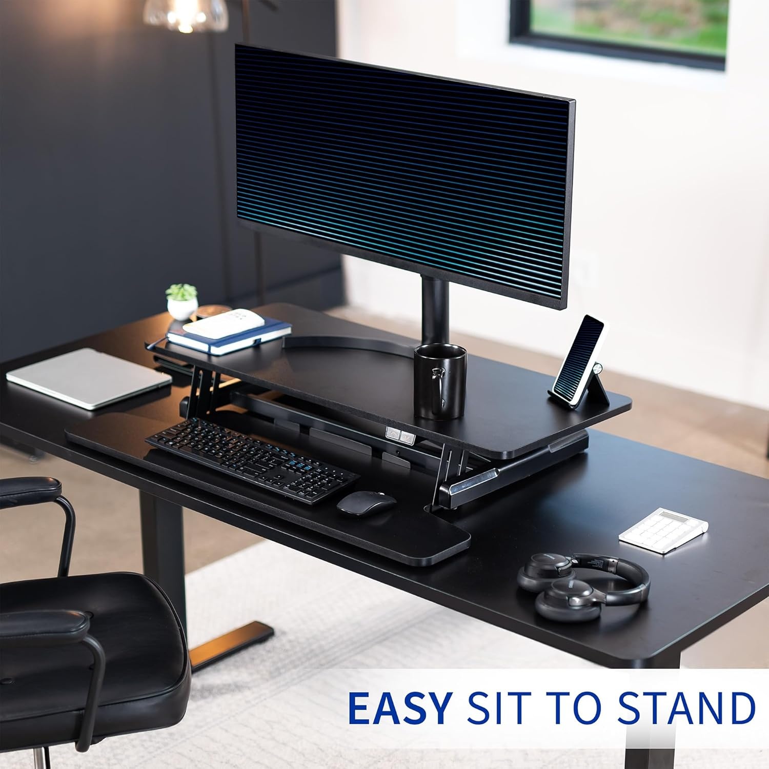 image:imageVIVO 36 inch Electric Motor Desk Converter Height Adjustable Riser Sit to Stand Dual Monitor and Laptop Workstation with Wide Keyboard Tray Black DESKVE36BBlack