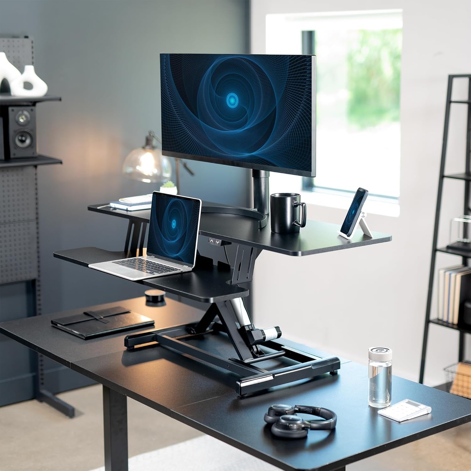 image:imageVIVO 36 inch Electric Motor Desk Converter Height Adjustable Riser Sit to Stand Dual Monitor and Laptop Workstation with Wide Keyboard Tray Black DESKVE36BBlack