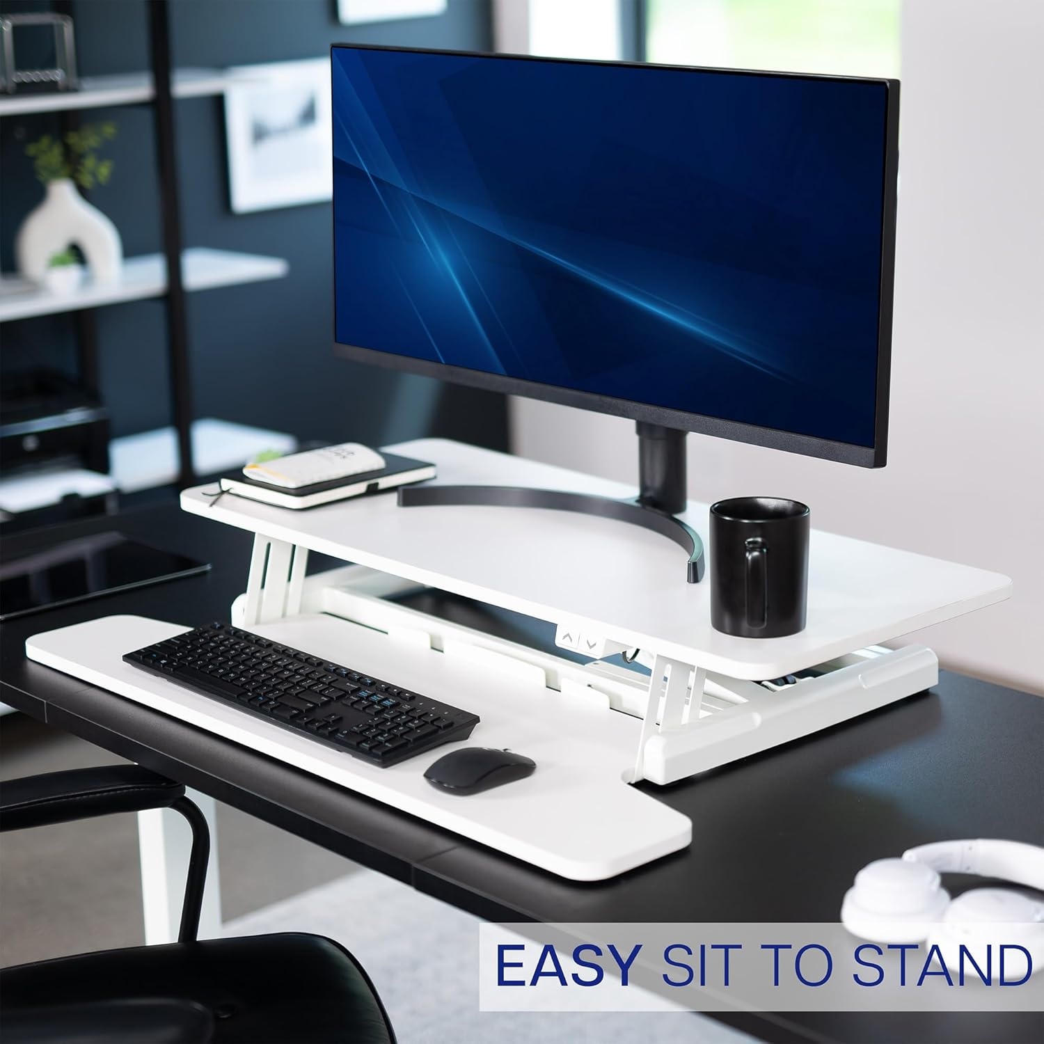image:imageVIVO 36 inch Electric Motor Desk Converter Height Adjustable Riser Sit to Stand Dual Monitor and Laptop Workstation with Wide Keyboard Tray Black DESKVE36BWhite