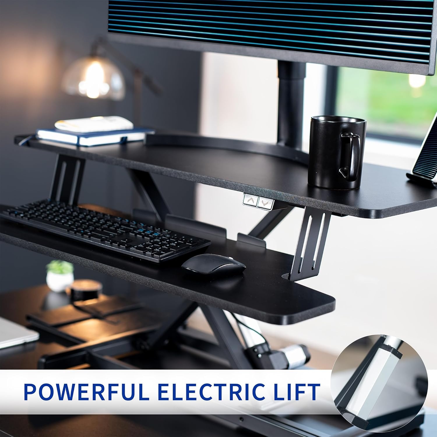 image:imageVIVO 36 inch Electric Motor Desk Converter Height Adjustable Riser Sit to Stand Dual Monitor and Laptop Workstation with Wide Keyboard Tray Black DESKVE36BBlack