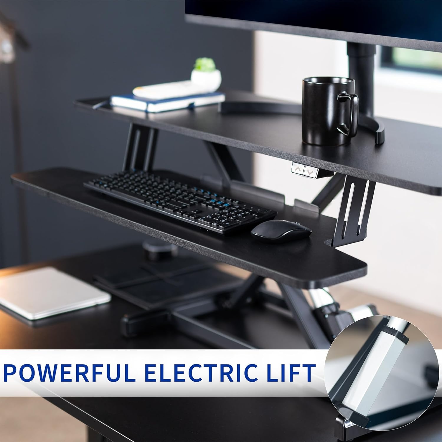 image:imageVIVO 36 inch Electric Motor Desk Converter Height Adjustable Riser Sit to Stand Dual Monitor and Laptop Workstation with Wide Keyboard Tray Black DESKVE36BBlack