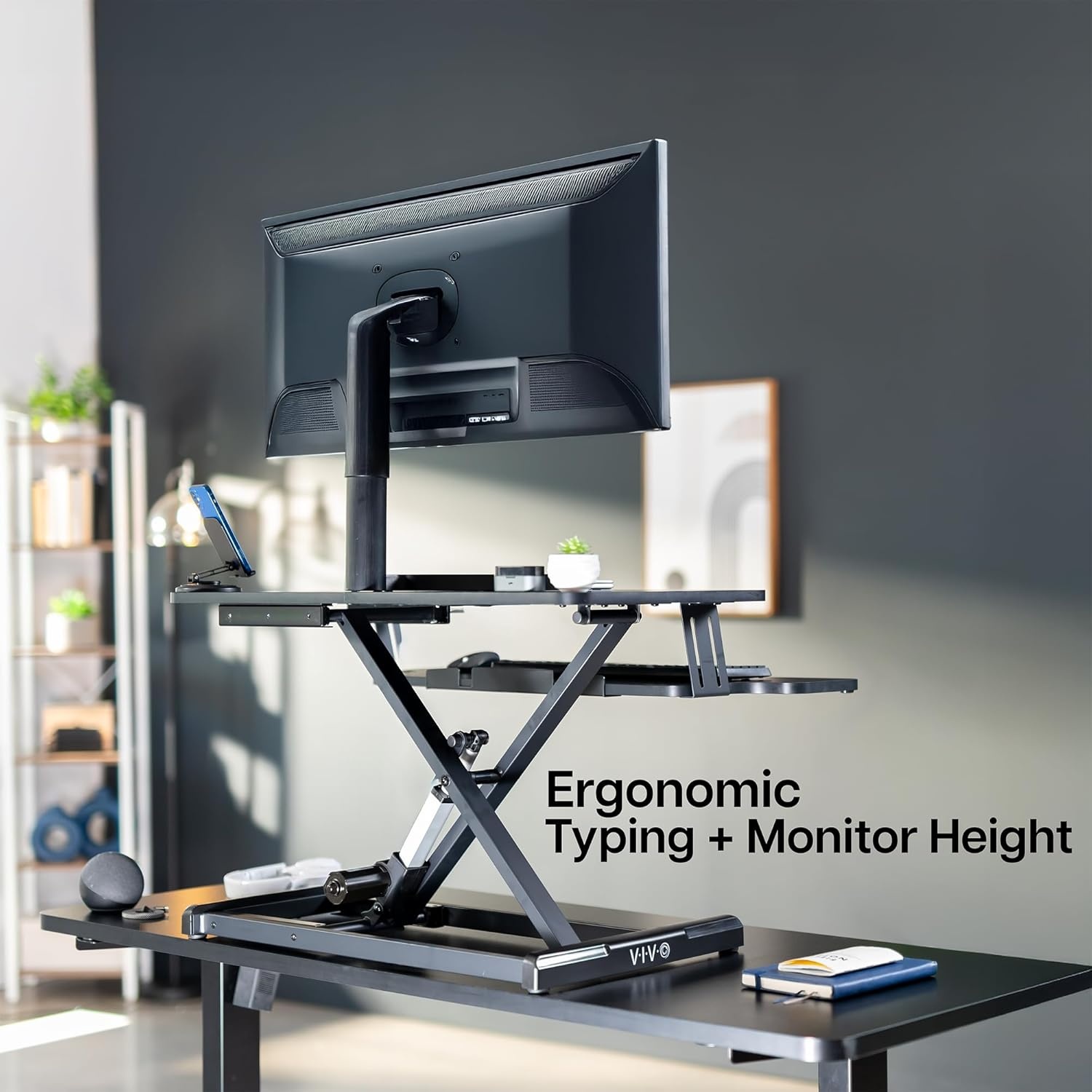 image:imageVIVO 36 inch Electric Motor Desk Converter Height Adjustable Riser Sit to Stand Dual Monitor and Laptop Workstation with Wide Keyboard Tray Black DESKVE36BBlack
