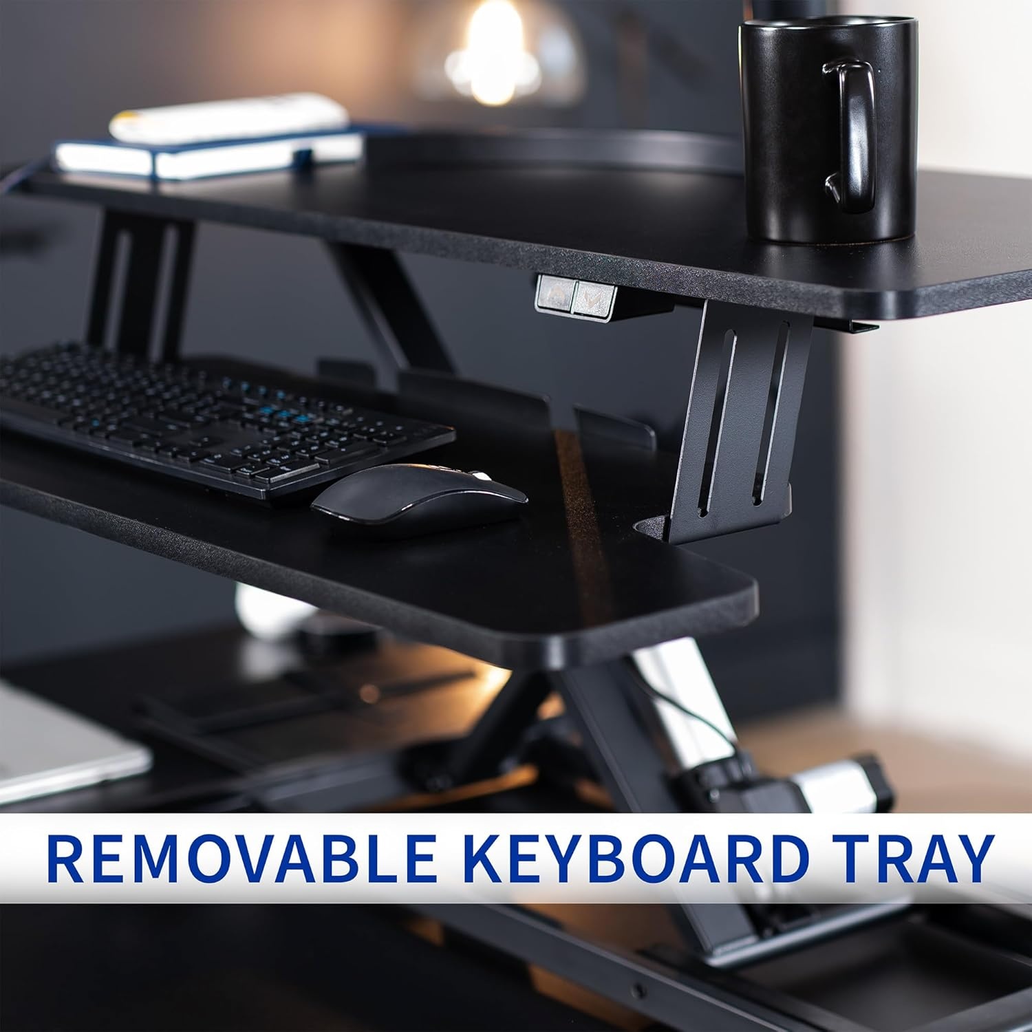 image:imageVIVO 36 inch Electric Motor Desk Converter Height Adjustable Riser Sit to Stand Dual Monitor and Laptop Workstation with Wide Keyboard Tray Black DESKVE36BBlack