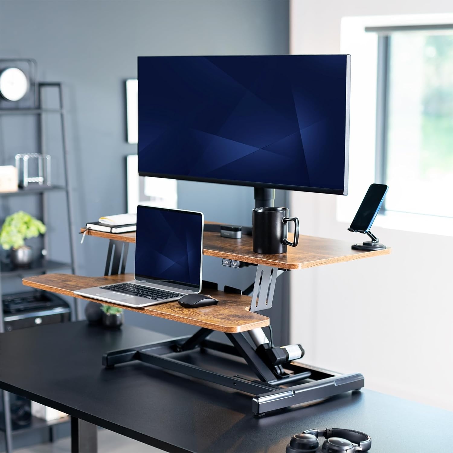 image:imageVIVO 36 inch Electric Motor Desk Converter Height Adjustable Riser Sit to Stand Dual Monitor and Laptop Workstation with Wide Keyboard Tray Black DESKVE36BVintage Brown