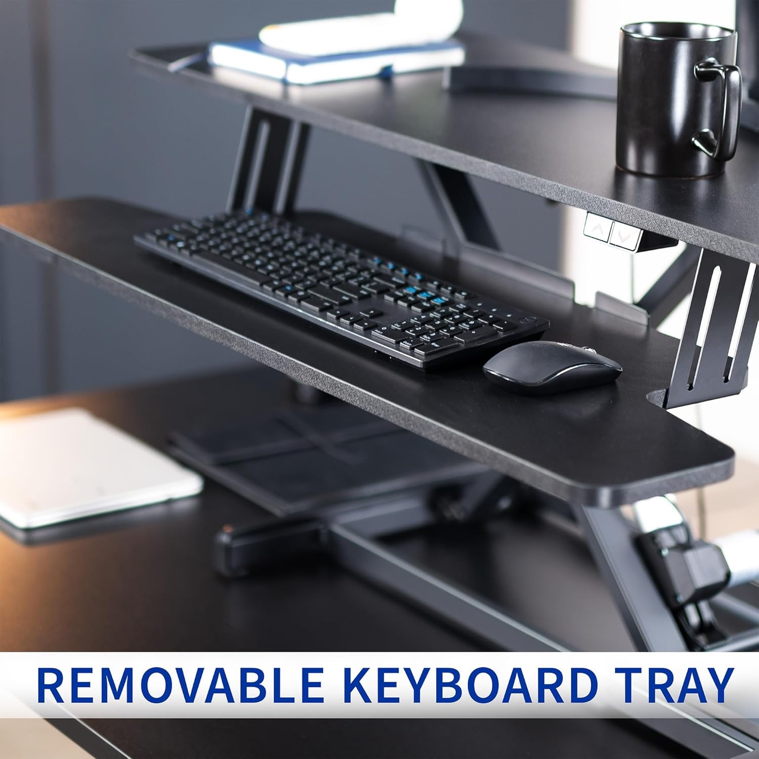 image:imageVIVO 36 inch Electric Motor Desk Converter Height Adjustable Riser Sit to Stand Dual Monitor and Laptop Workstation with Wide Keyboard Tray Black DESKVE36BBlack