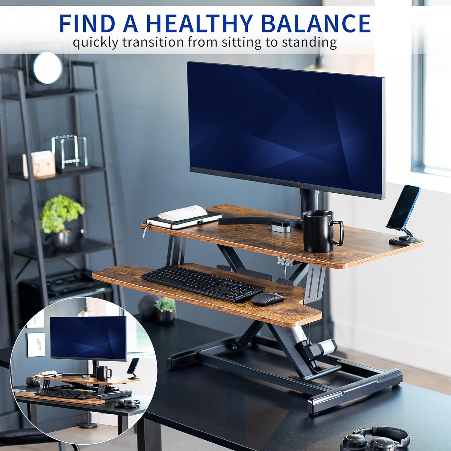 image:imageVIVO 36 inch Electric Motor Desk Converter Height Adjustable Riser Sit to Stand Dual Monitor and Laptop Workstation with Wide Keyboard Tray Black DESKVE36BVintage Brown