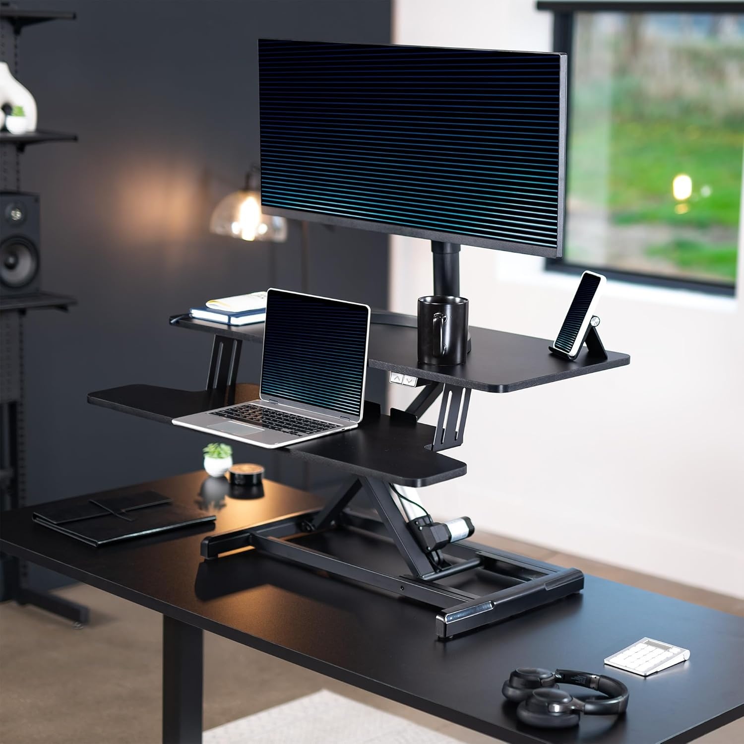 image:imageVIVO 36 inch Electric Motor Desk Converter Height Adjustable Riser Sit to Stand Dual Monitor and Laptop Workstation with Wide Keyboard Tray Black DESKVE36BBlack