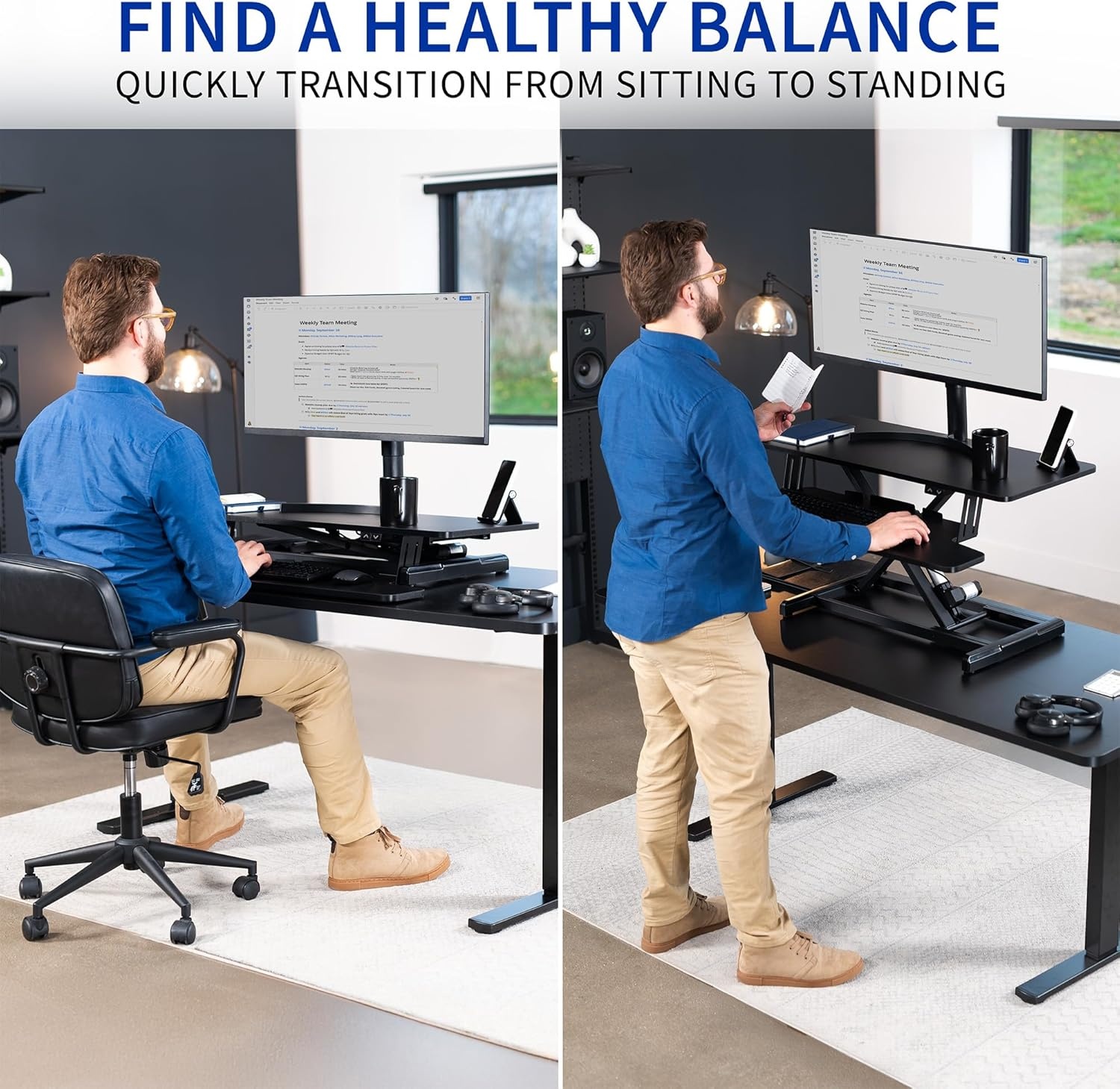 image:imageVIVO 36 inch Electric Motor Desk Converter Height Adjustable Riser Sit to Stand Dual Monitor and Laptop Workstation with Wide Keyboard Tray Black DESKVE36BBlack