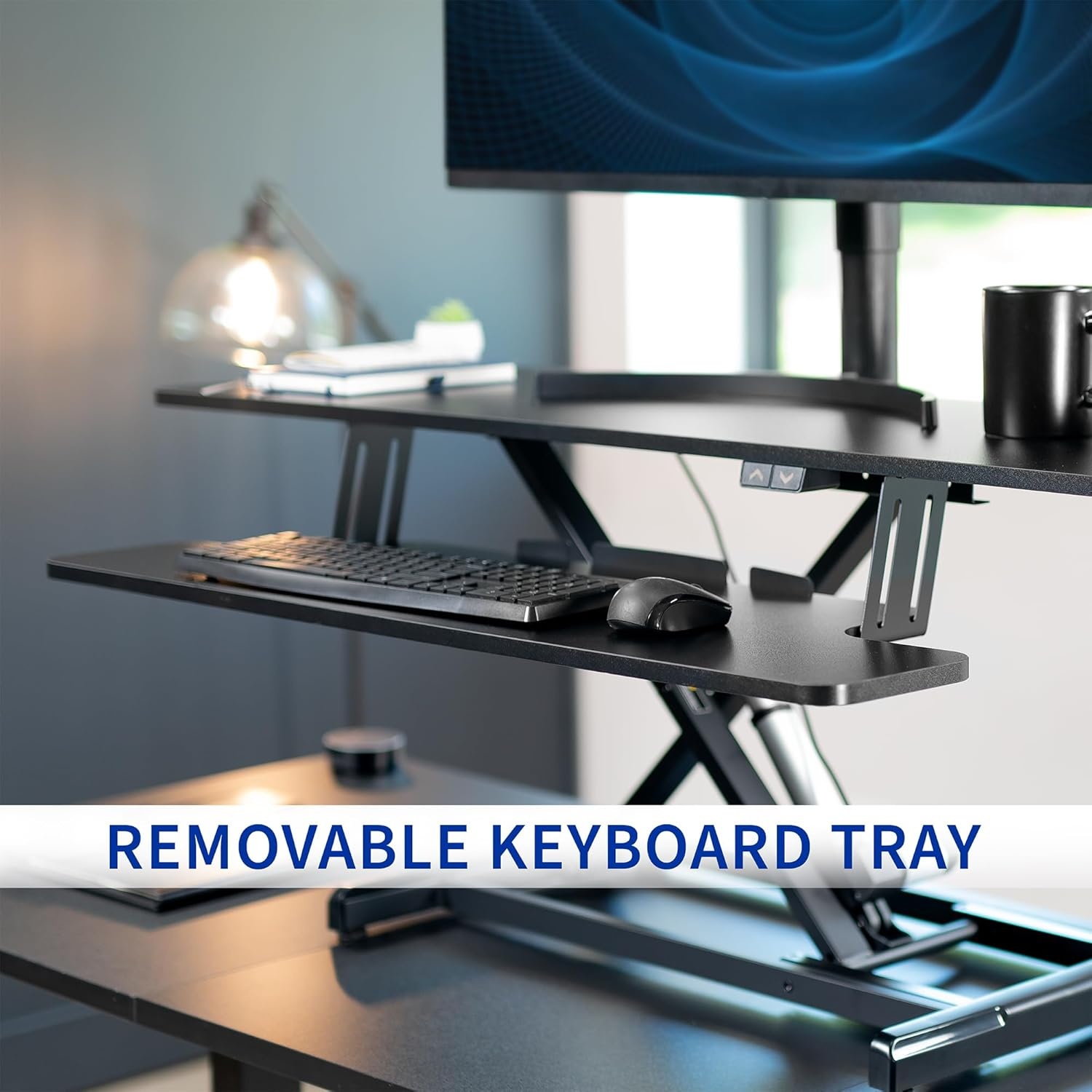 image:imageVIVO 36 inch Electric Motor Desk Converter Height Adjustable Riser Sit to Stand Dual Monitor and Laptop Workstation with Wide Keyboard Tray Black DESKVE36BBlack