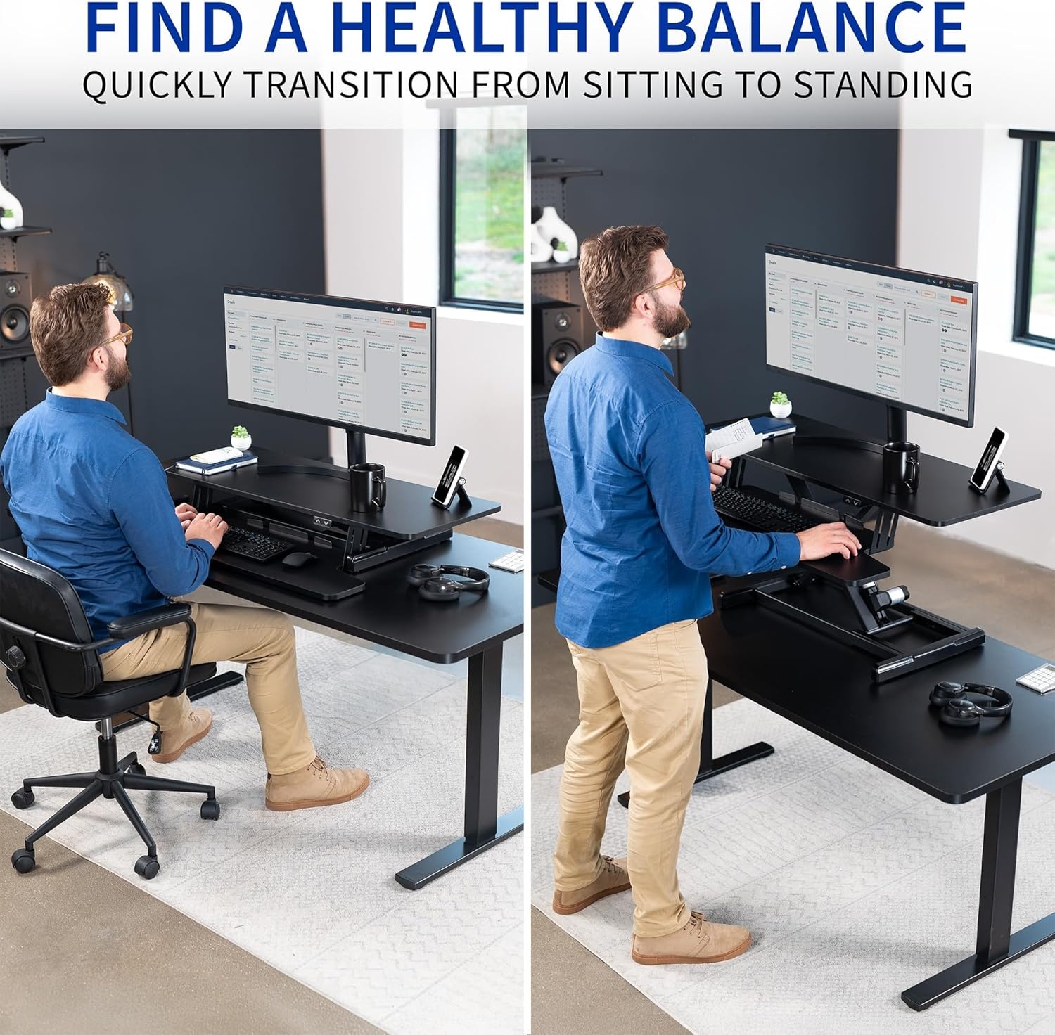 image:imageVIVO 36 inch Electric Motor Desk Converter Height Adjustable Riser Sit to Stand Dual Monitor and Laptop Workstation with Wide Keyboard Tray Black DESKVE36BBlack