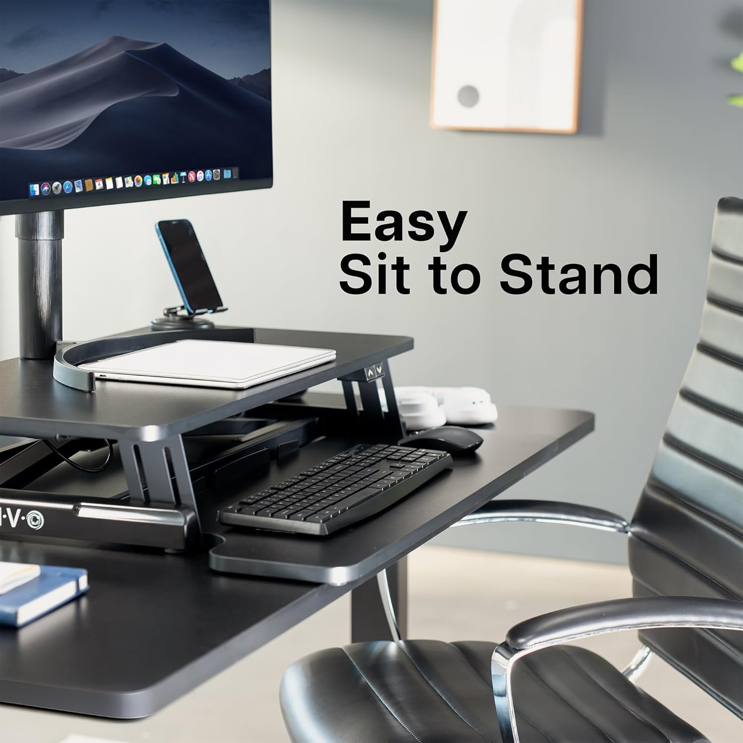 image:imageVIVO 36 inch Electric Motor Desk Converter Height Adjustable Riser Sit to Stand Dual Monitor and Laptop Workstation with Wide Keyboard Tray Black DESKVE36BBlack