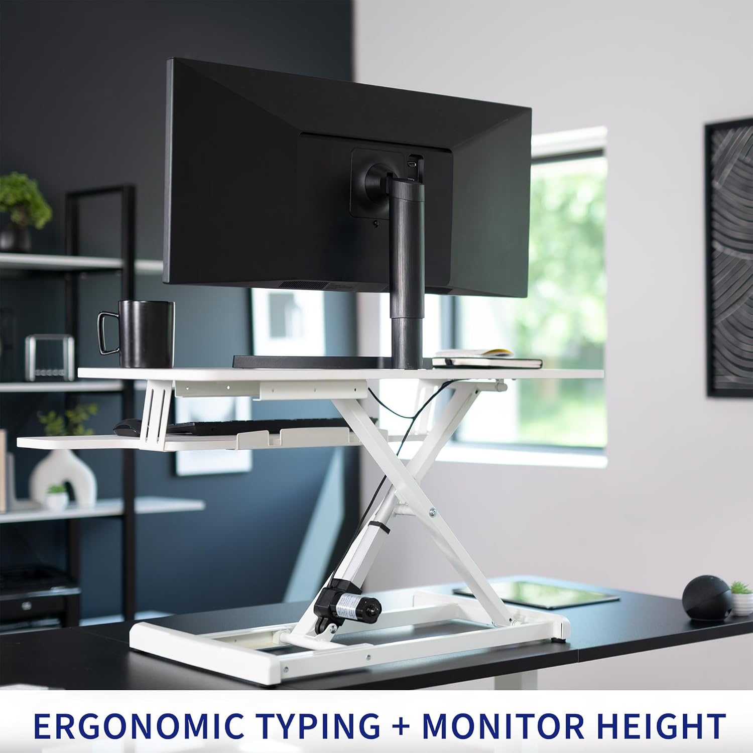 image:imageVIVO 36 inch Electric Motor Desk Converter Height Adjustable Riser Sit to Stand Dual Monitor and Laptop Workstation with Wide Keyboard Tray Black DESKVE36BWhite
