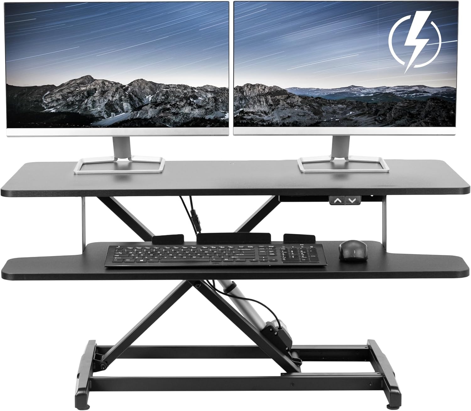 image:imageVIVO 36 inch Electric Motor Desk Converter Height Adjustable Riser Sit to Stand Dual Monitor and Laptop Workstation with Wide Keyboard Tray Black DESKVE36BBlack