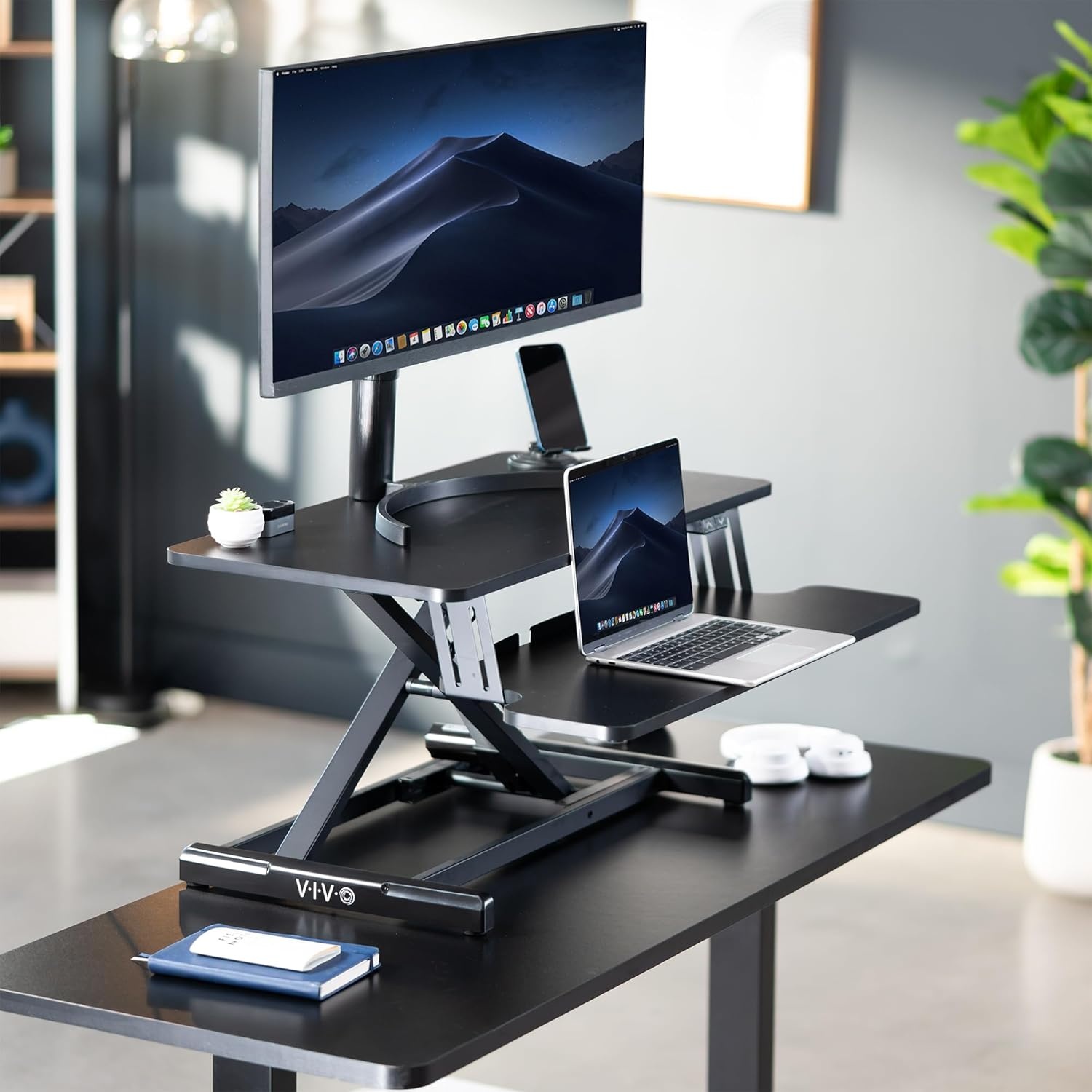 image:imageVIVO 36 inch Electric Motor Desk Converter Height Adjustable Riser Sit to Stand Dual Monitor and Laptop Workstation with Wide Keyboard Tray Black DESKVE36BBlack