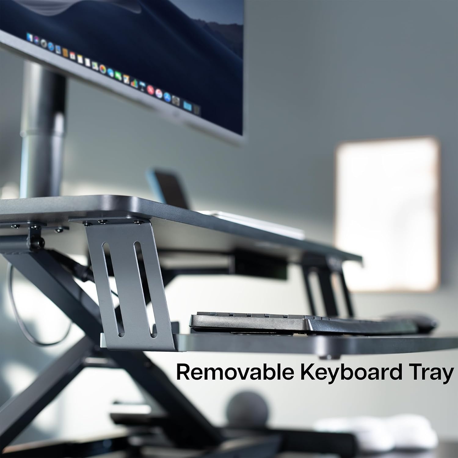 image:imageVIVO 36 inch Electric Motor Desk Converter Height Adjustable Riser Sit to Stand Dual Monitor and Laptop Workstation with Wide Keyboard Tray Black DESKVE36BBlack