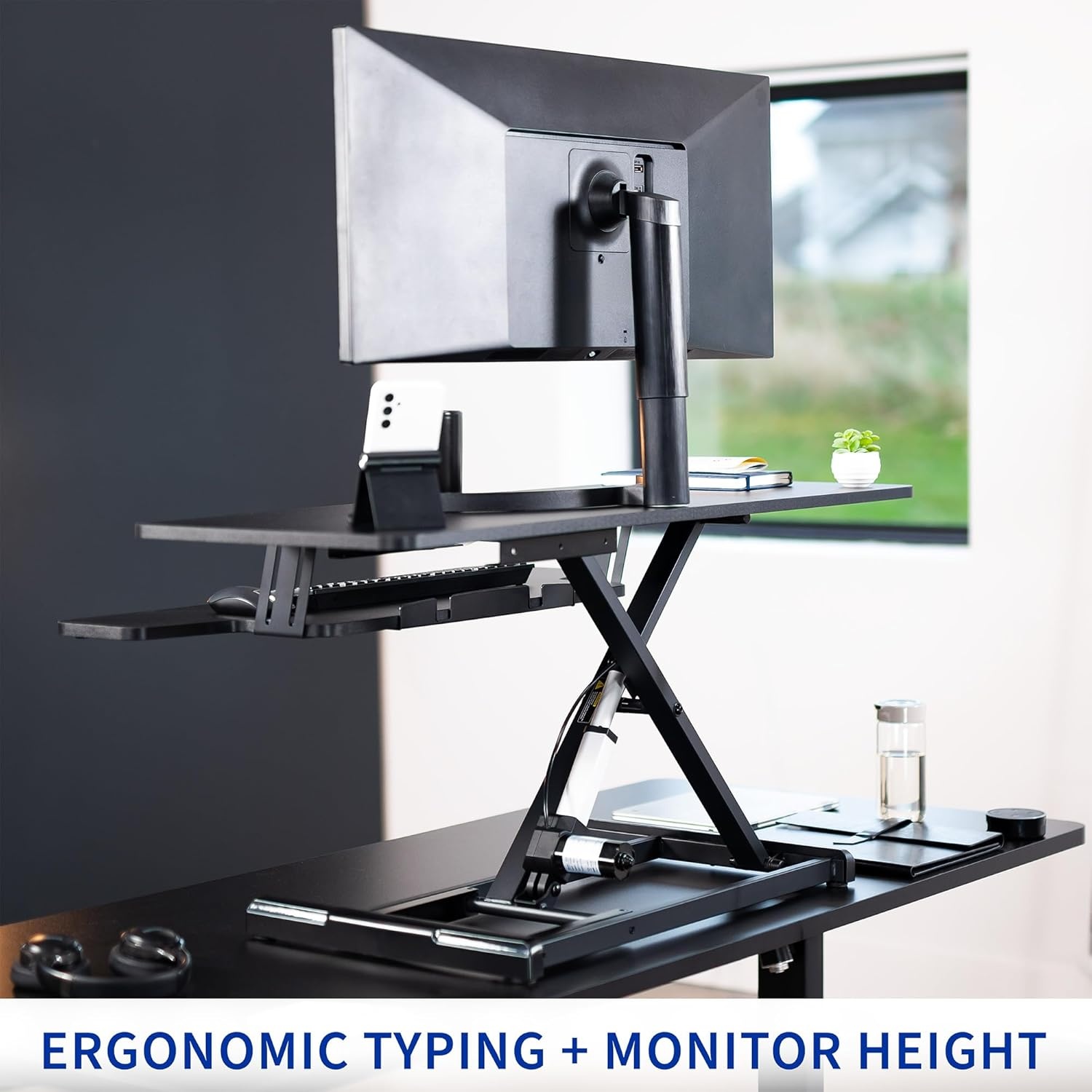 image:imageVIVO 36 inch Electric Motor Desk Converter Height Adjustable Riser Sit to Stand Dual Monitor and Laptop Workstation with Wide Keyboard Tray Black DESKVE36BBlack
