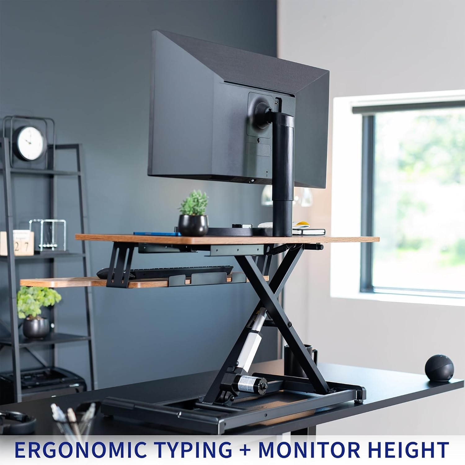 image:imageVIVO 36 inch Electric Motor Desk Converter Height Adjustable Riser Sit to Stand Dual Monitor and Laptop Workstation with Wide Keyboard Tray Black DESKVE36BVintage Brown