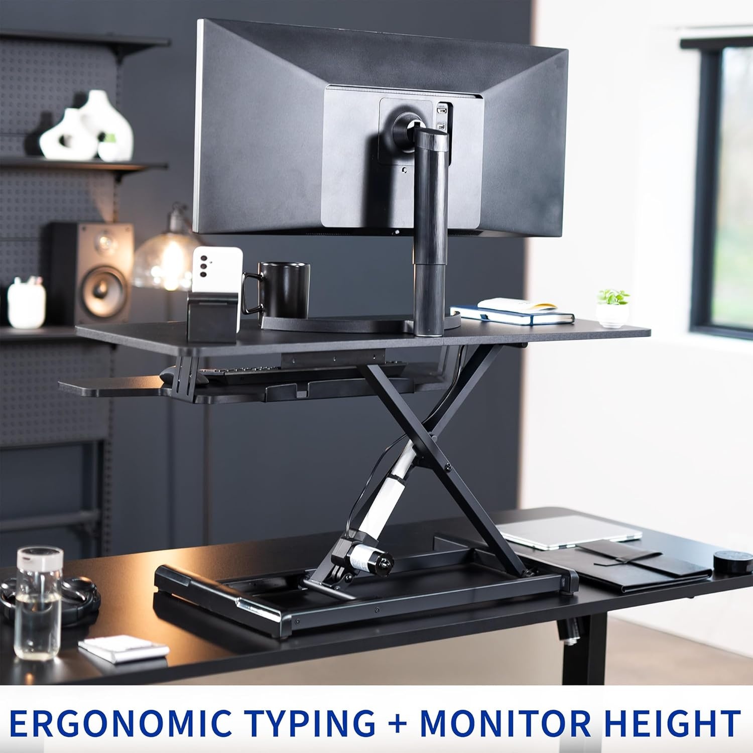 image:imageVIVO 36 inch Electric Motor Desk Converter Height Adjustable Riser Sit to Stand Dual Monitor and Laptop Workstation with Wide Keyboard Tray Black DESKVE36BBlack