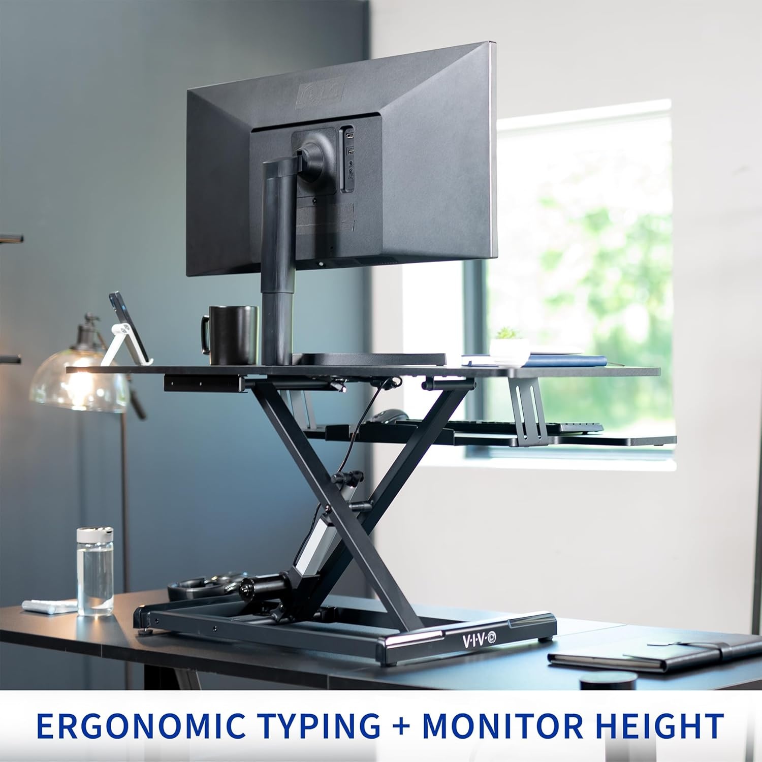 image:imageVIVO 36 inch Electric Motor Desk Converter Height Adjustable Riser Sit to Stand Dual Monitor and Laptop Workstation with Wide Keyboard Tray Black DESKVE36BBlack