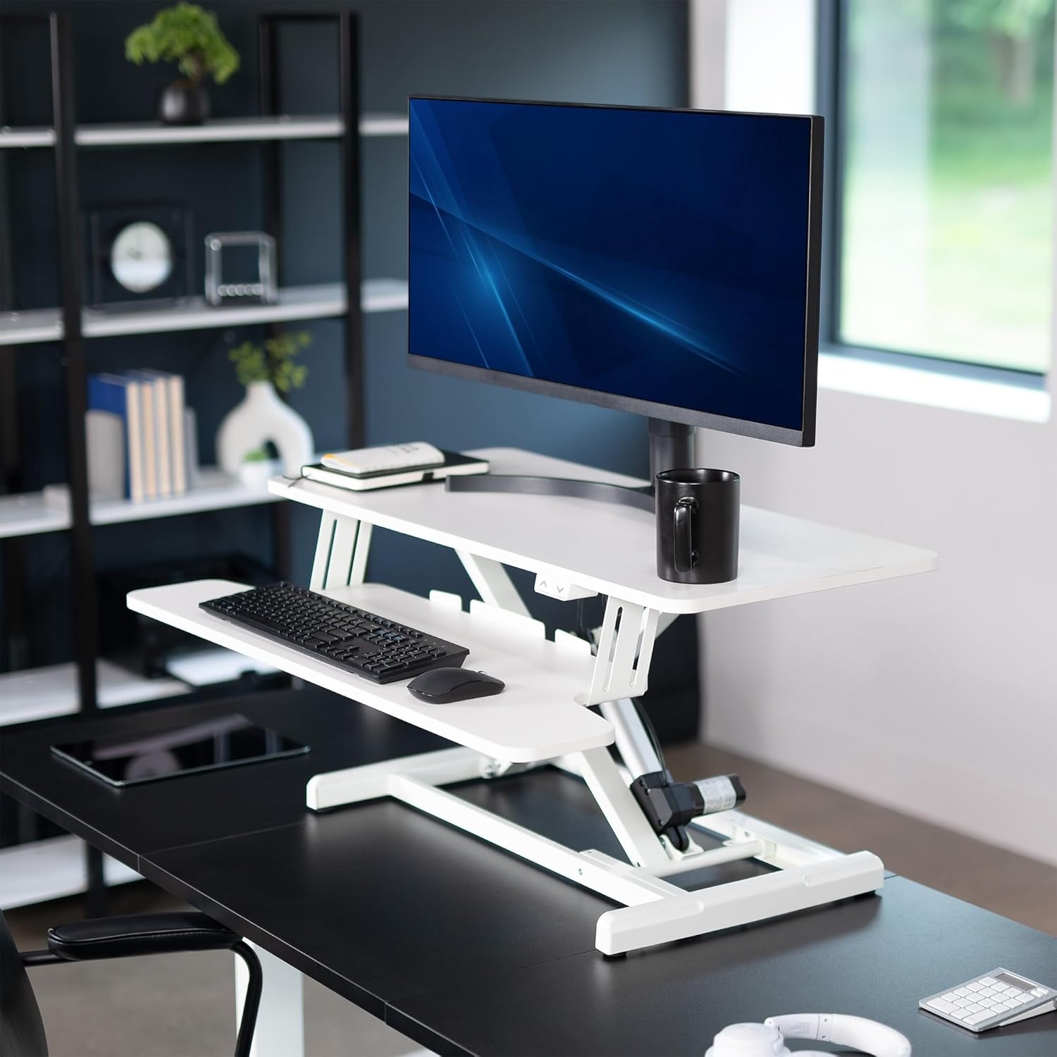 image:imageVIVO 36 inch Electric Motor Desk Converter Height Adjustable Riser Sit to Stand Dual Monitor and Laptop Workstation with Wide Keyboard Tray Black DESKVE36BWhite