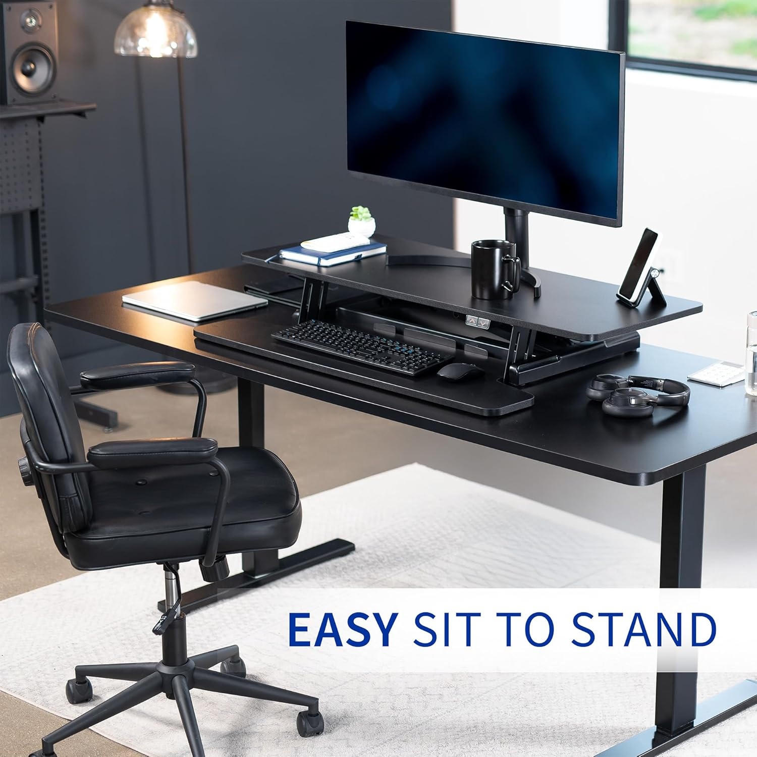 image:imageVIVO 36 inch Electric Motor Desk Converter Height Adjustable Riser Sit to Stand Dual Monitor and Laptop Workstation with Wide Keyboard Tray Black DESKVE36BBlack