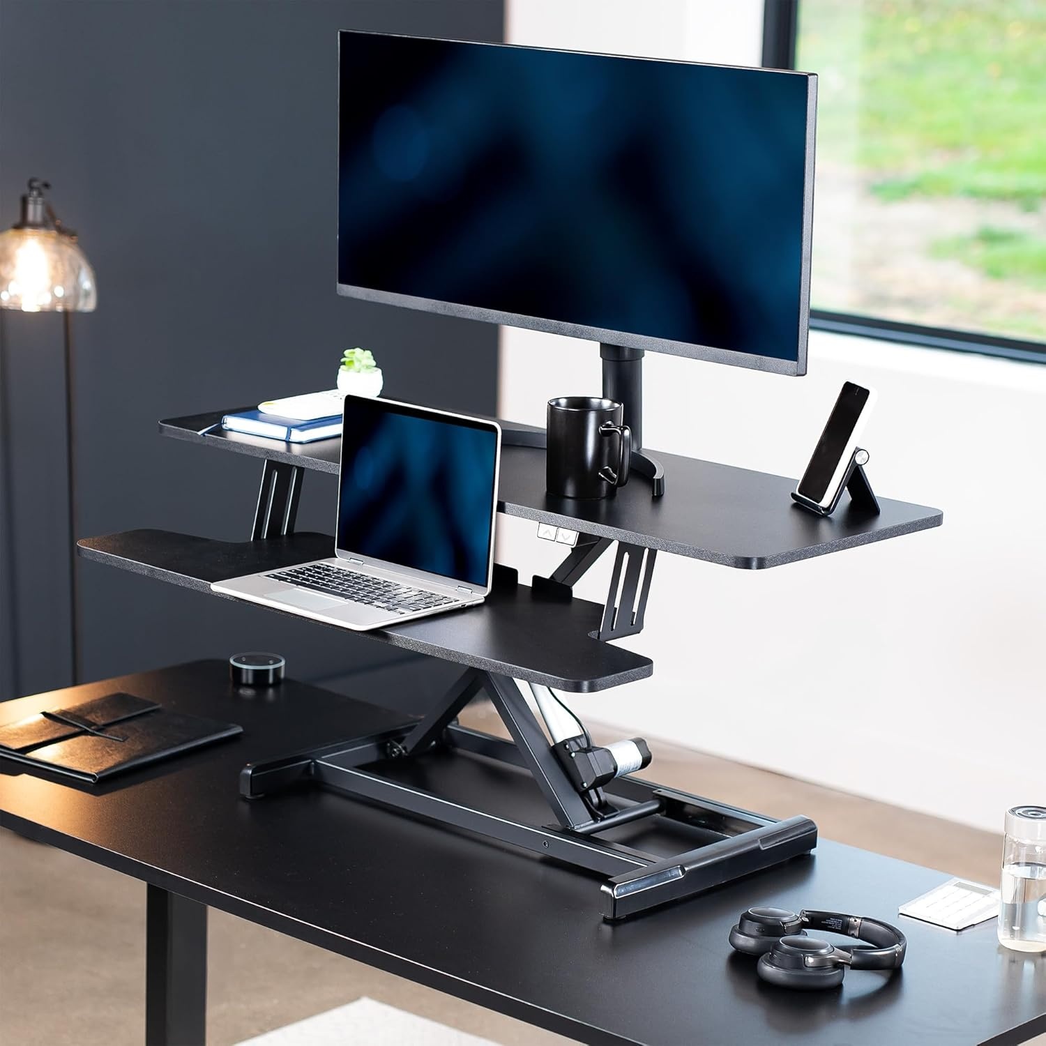 image:imageVIVO 36 inch Electric Motor Desk Converter Height Adjustable Riser Sit to Stand Dual Monitor and Laptop Workstation with Wide Keyboard Tray Black DESKVE36BBlack