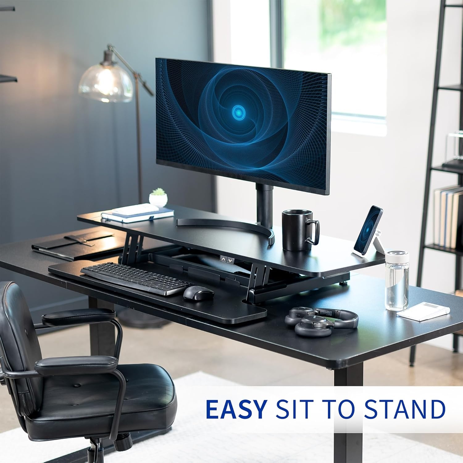 image:imageVIVO 36 inch Electric Motor Desk Converter Height Adjustable Riser Sit to Stand Dual Monitor and Laptop Workstation with Wide Keyboard Tray Black DESKVE36BBlack