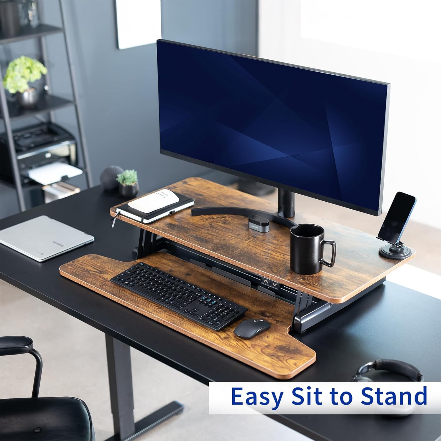 image:imageVIVO 36 inch Electric Motor Desk Converter Height Adjustable Riser Sit to Stand Dual Monitor and Laptop Workstation with Wide Keyboard Tray Black DESKVE36BVintage Brown