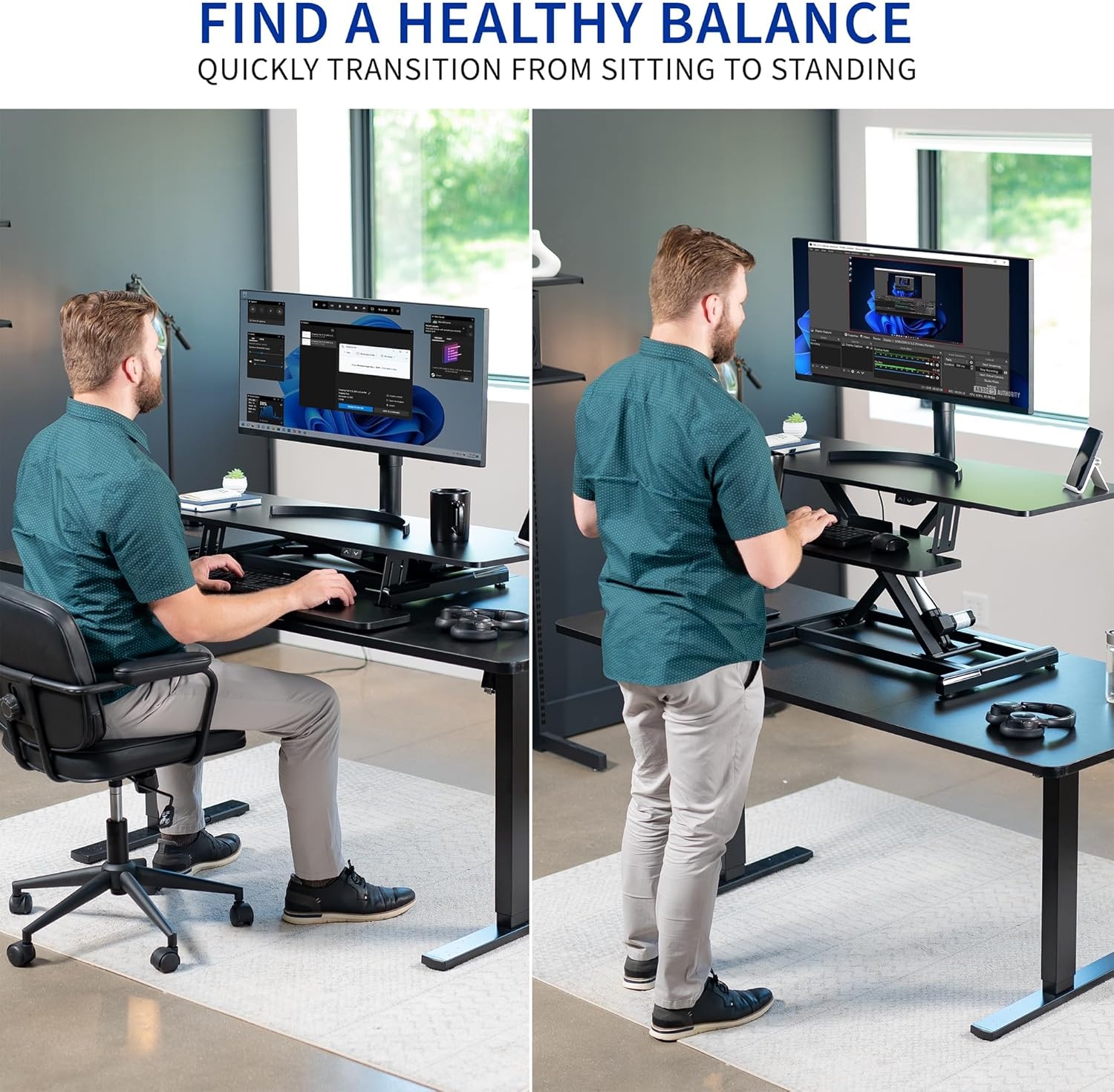 image:imageVIVO 36 inch Electric Motor Desk Converter Height Adjustable Riser Sit to Stand Dual Monitor and Laptop Workstation with Wide Keyboard Tray Black DESKVE36BBlack