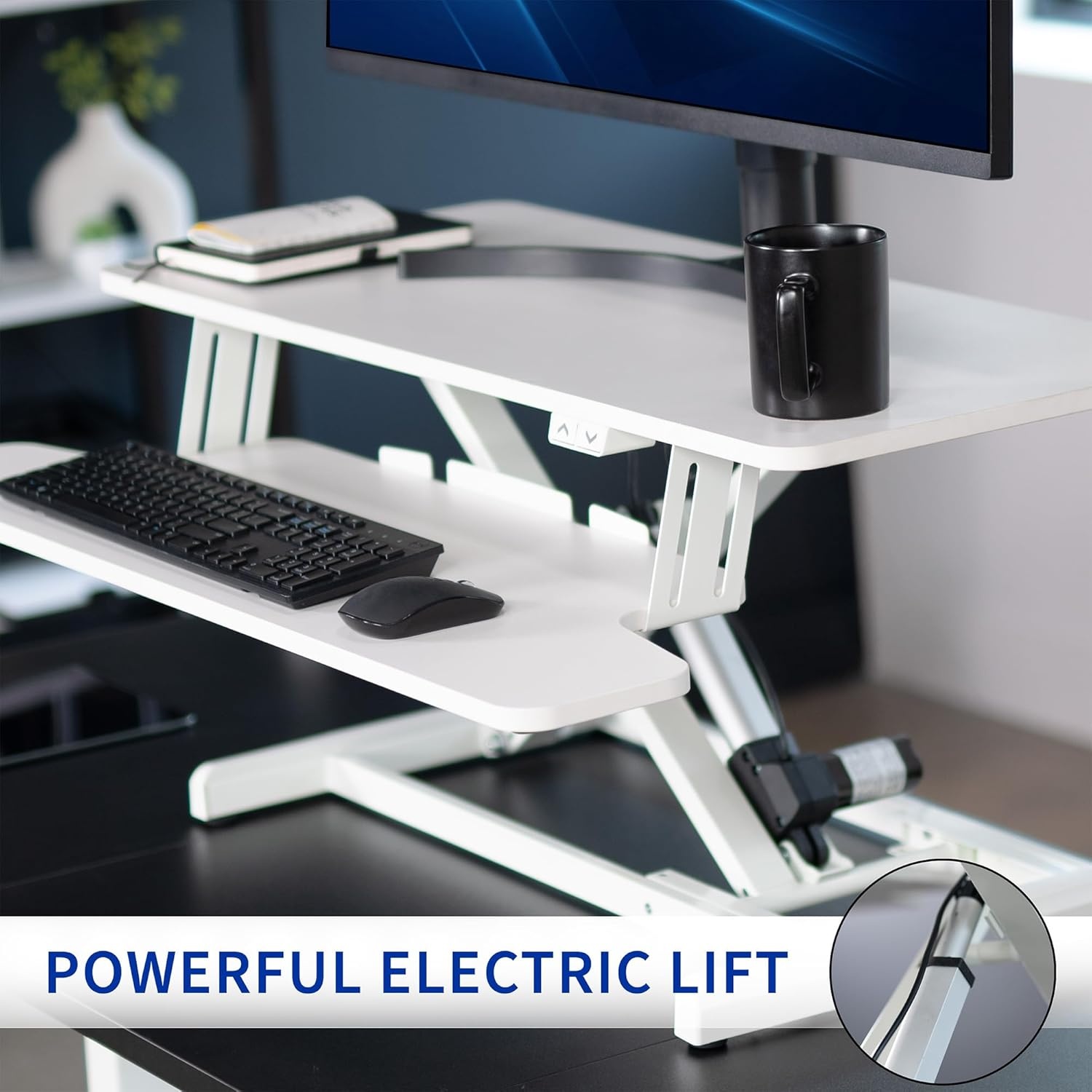 image:imageVIVO 36 inch Electric Motor Desk Converter Height Adjustable Riser Sit to Stand Dual Monitor and Laptop Workstation with Wide Keyboard Tray Black DESKVE36BWhite
