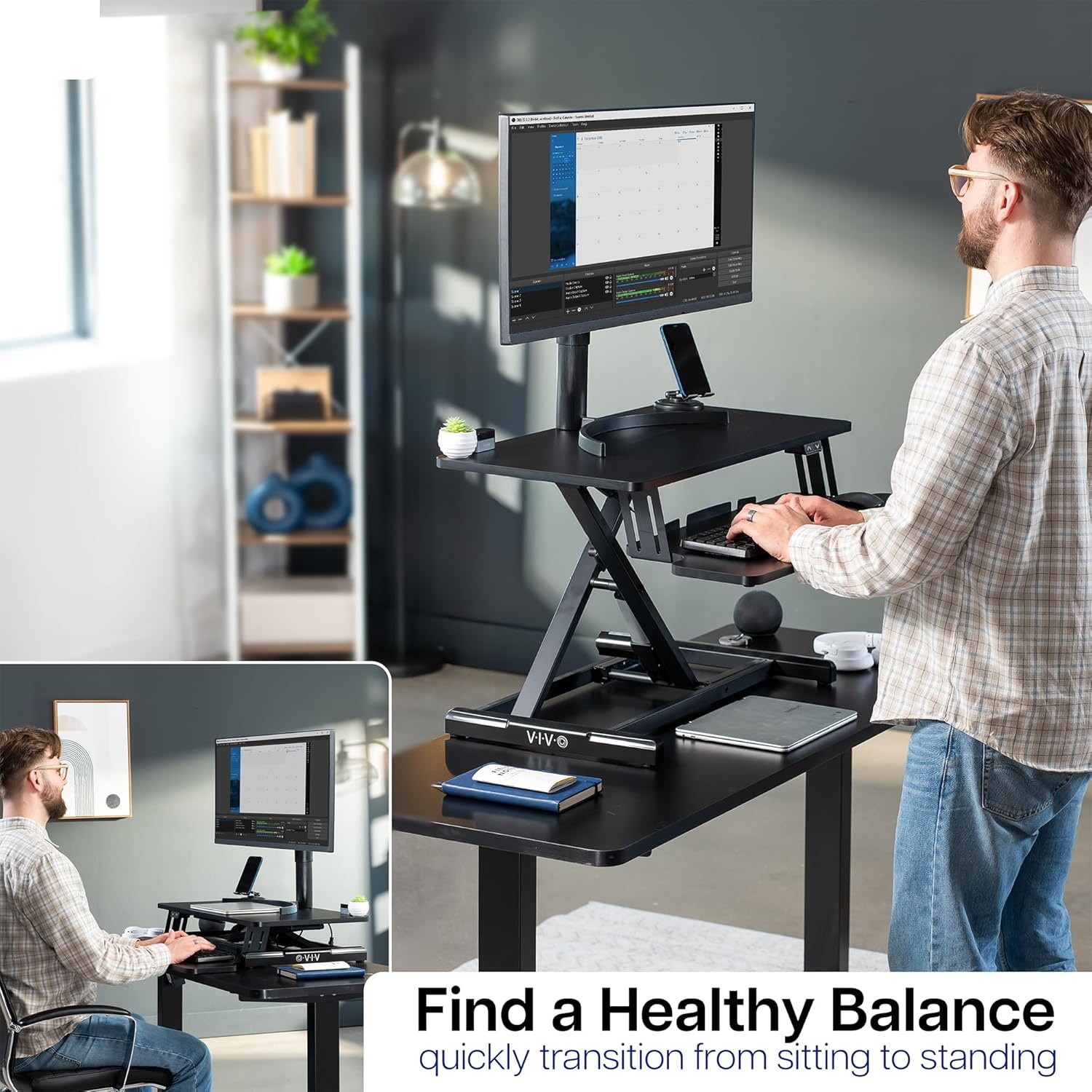 image:imageVIVO 36 inch Electric Motor Desk Converter Height Adjustable Riser Sit to Stand Dual Monitor and Laptop Workstation with Wide Keyboard Tray Black DESKVE36BBlack