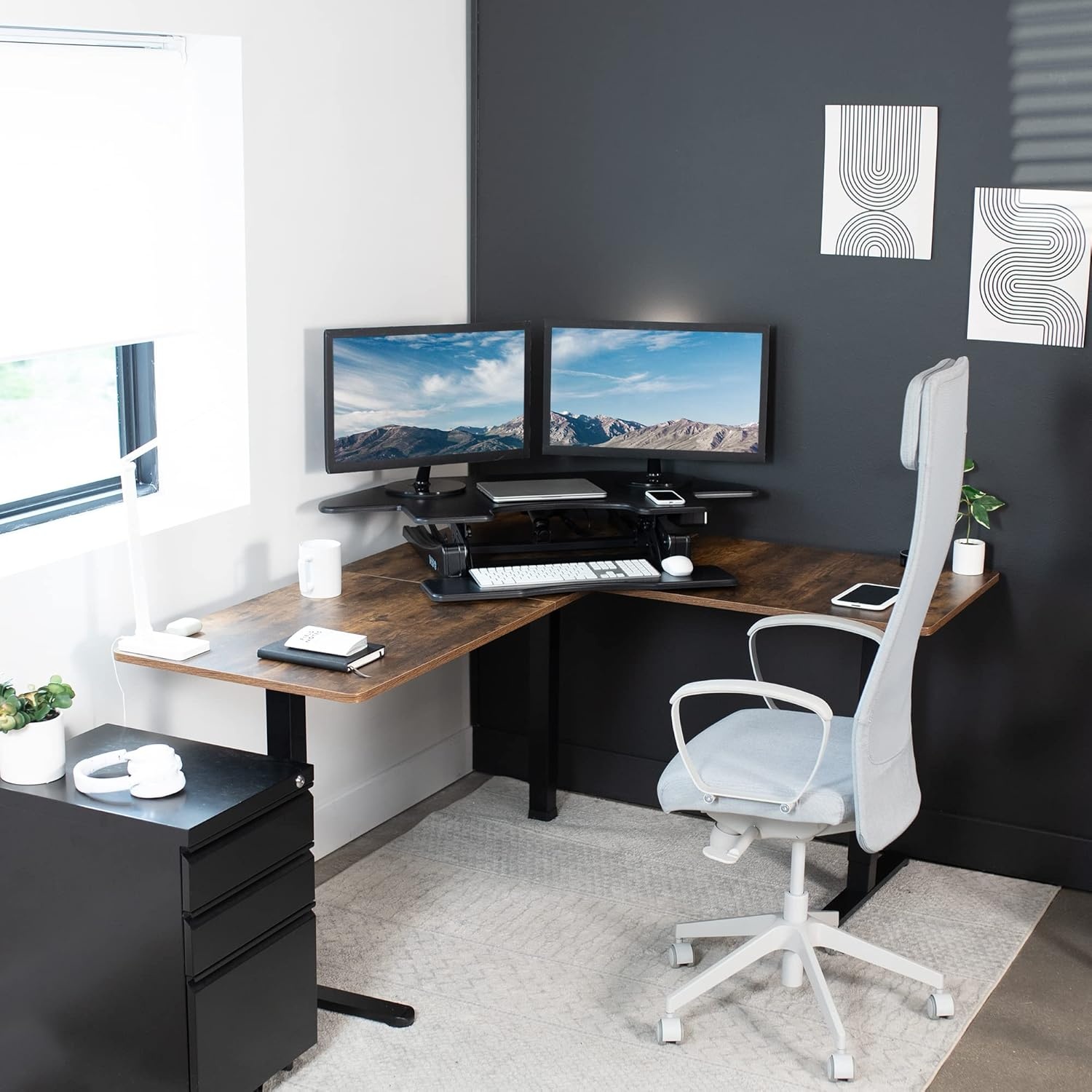 image:imageVIVO 43 inch Corner Electric Height Adjustable Cubicle Stand Up Desk Converter VE Series Sit to Stand Tabletop Dual Monitor Riser with USB Port Black DESKV000VCE