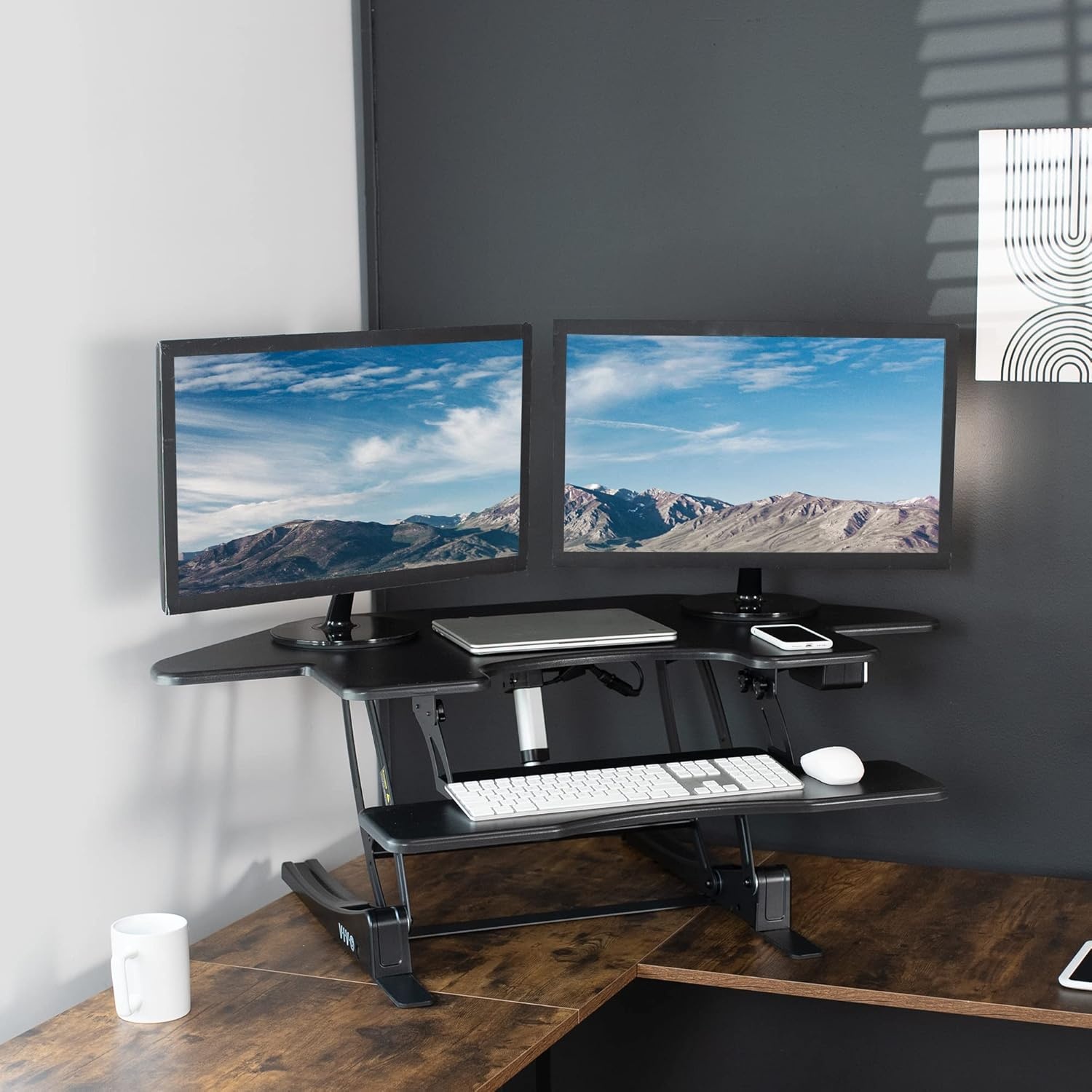 image:imageVIVO 43 inch Corner Electric Height Adjustable Cubicle Stand Up Desk Converter VE Series Sit to Stand Tabletop Dual Monitor Riser with USB Port Black DESKV000VCE