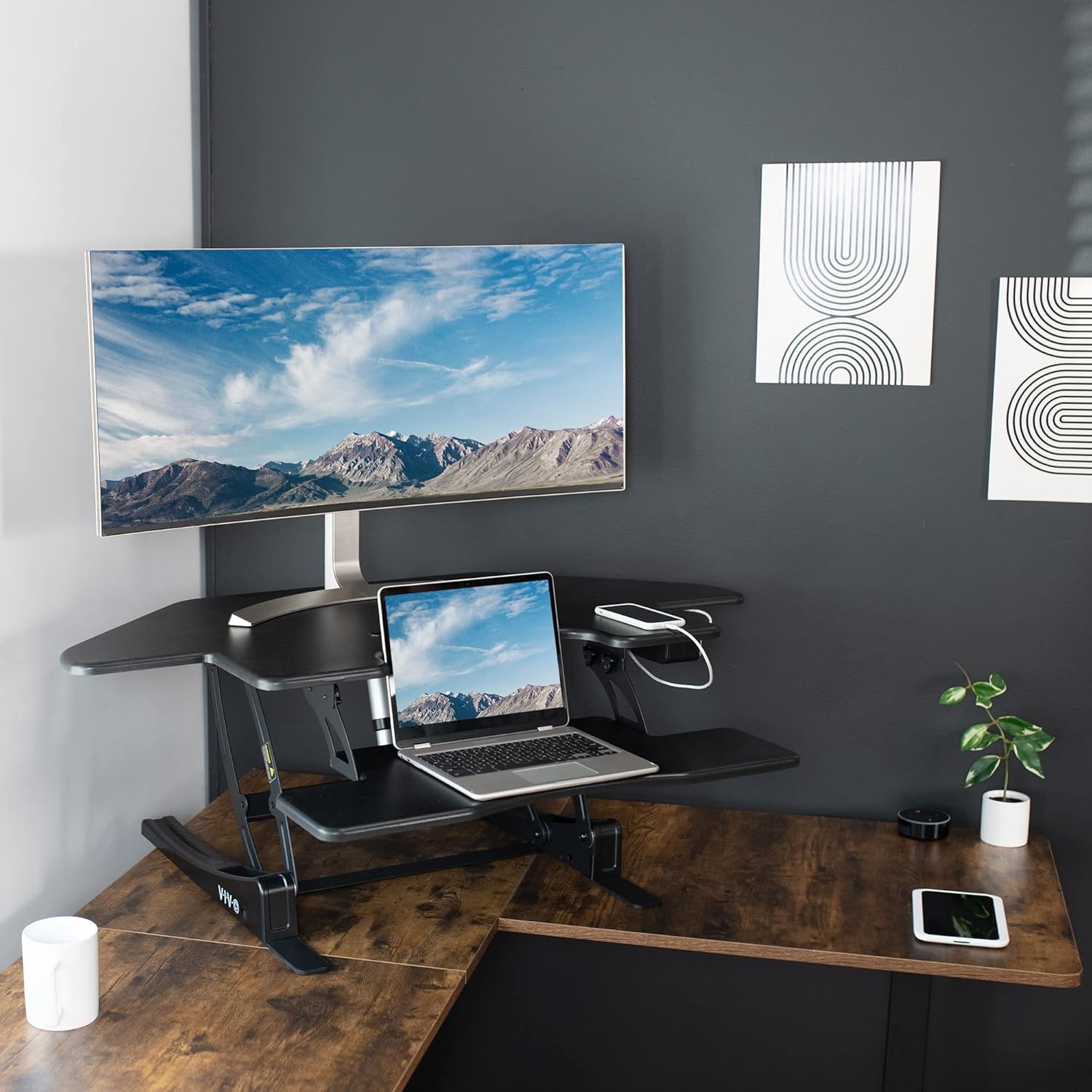 image:imageVIVO 43 inch Corner Electric Height Adjustable Cubicle Stand Up Desk Converter VE Series Sit to Stand Tabletop Dual Monitor Riser with USB Port Black DESKV000VCE