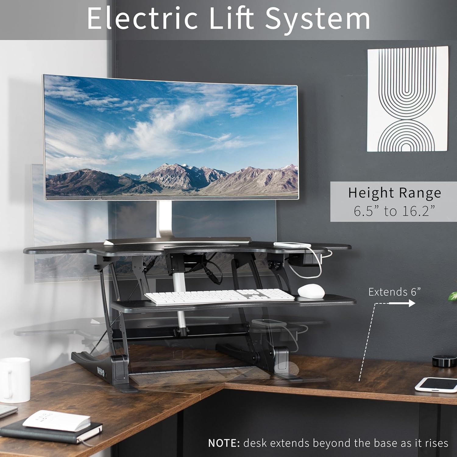 image:imageVIVO 43 inch Corner Electric Height Adjustable Cubicle Stand Up Desk Converter VE Series Sit to Stand Tabletop Dual Monitor Riser with USB Port Black DESKV000VCE