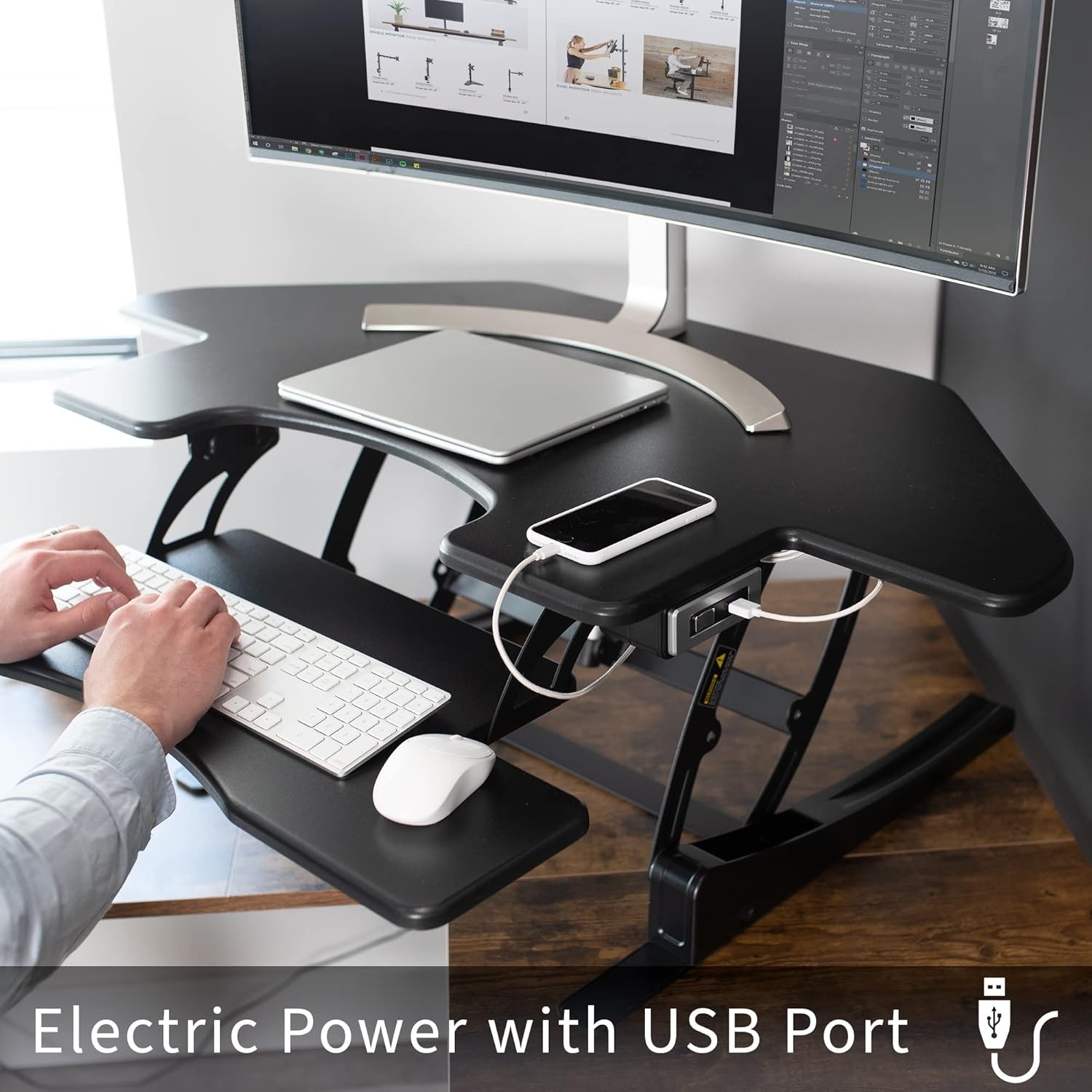 image:imageVIVO 43 inch Corner Electric Height Adjustable Cubicle Stand Up Desk Converter VE Series Sit to Stand Tabletop Dual Monitor Riser with USB Port Black DESKV000VCE