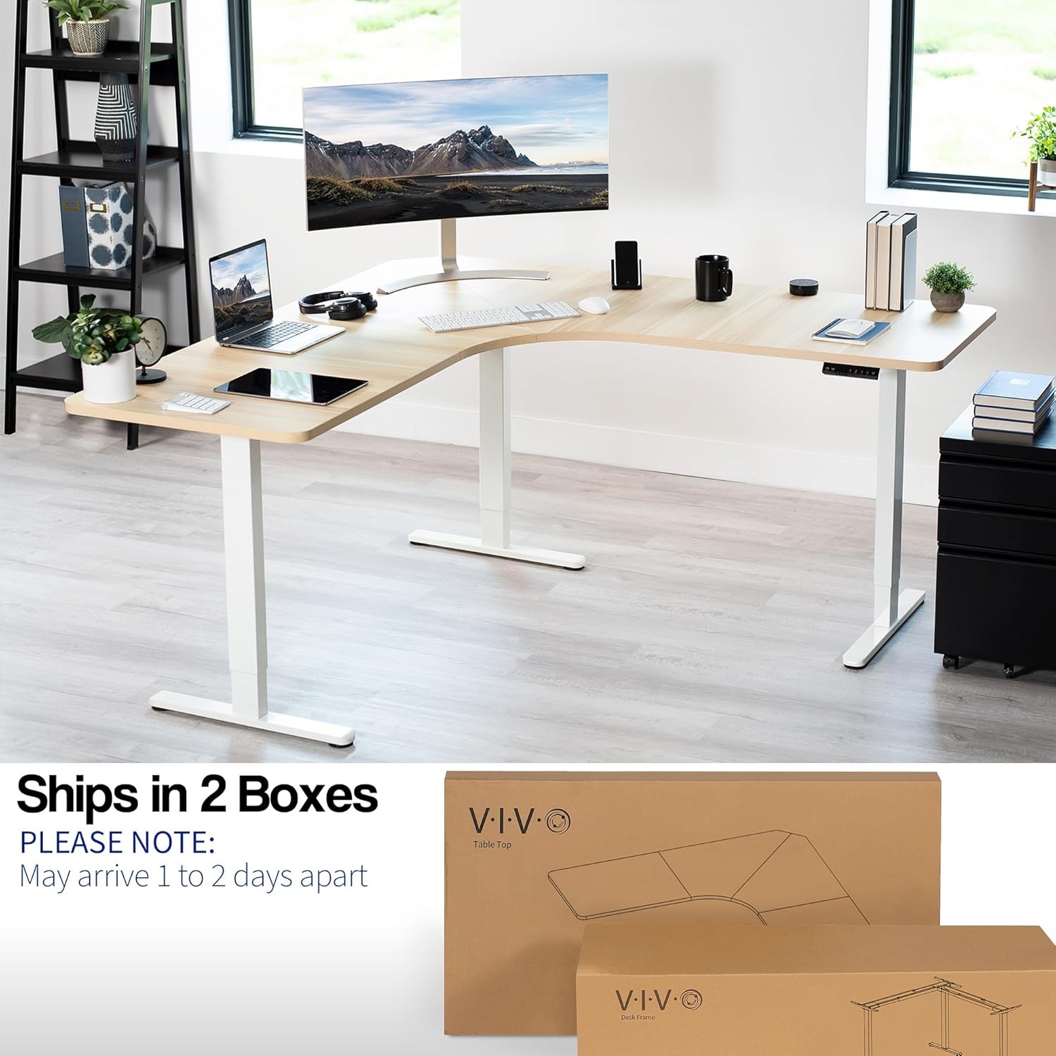 image:imageVIVO Electric Height Adjustable 71 x 71 inch Curved Corner Stand Up Desk Black Table Top Black Frame Memory Controller LShaped Workstation E3C Series DESKKITE3CB2Light Wood Top White Frame